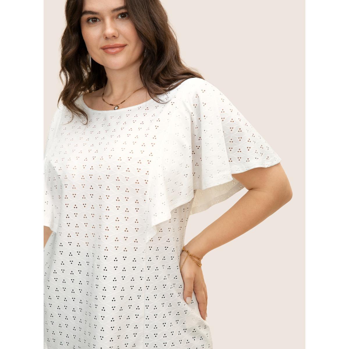 Plus Size Round Neck Texture Cut Out Ruffle Sleeve T-shirt Originalwhite Women Elegant Texture Round Neck Everyday T-shirts BloomChic 28/5X Product Image