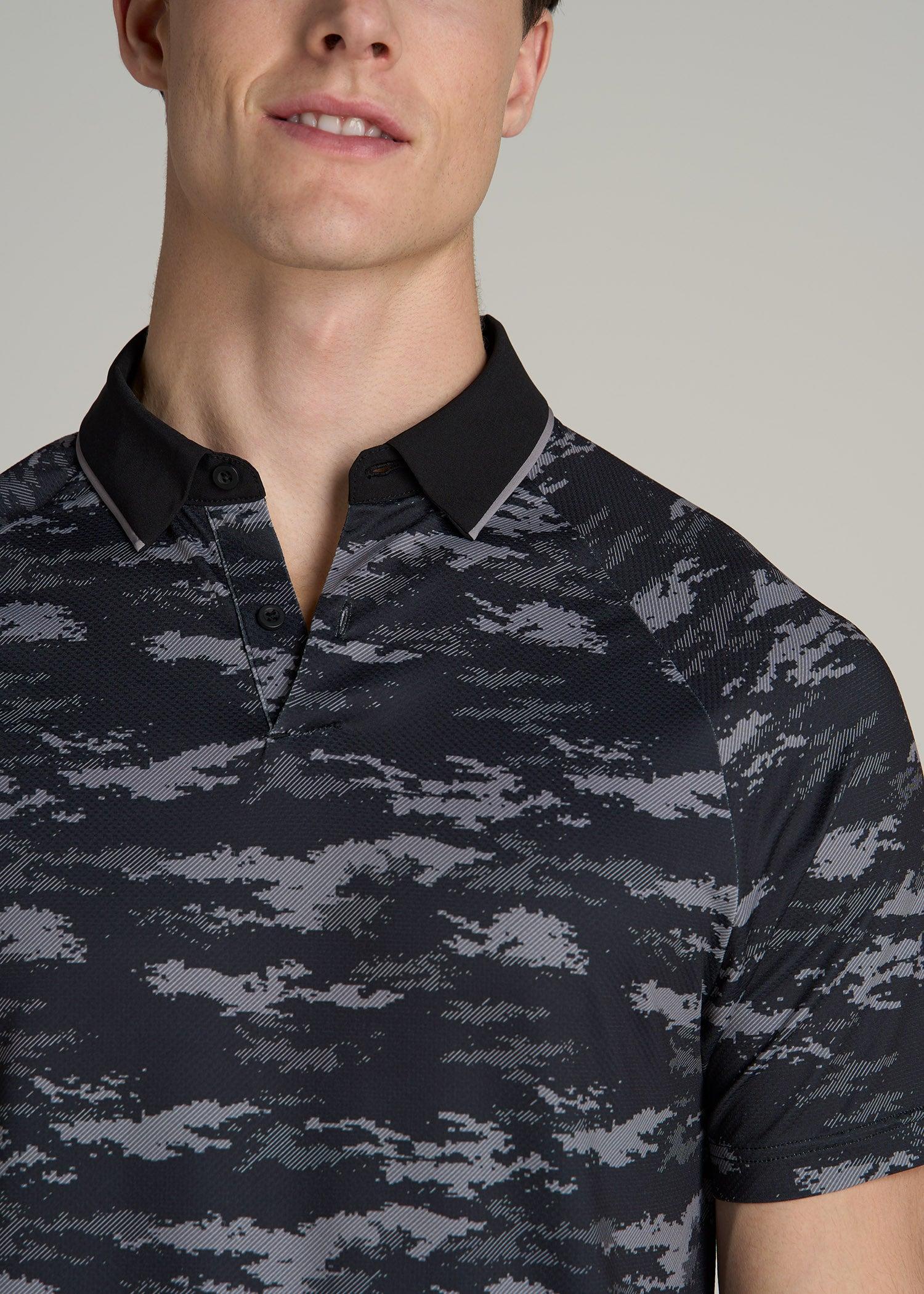Contrast Collar A.T. Performance Print Golf Tall Men's Polo Shirt in Black and Grey Camo Product Image