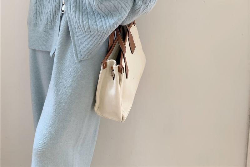 Set: Plain Cable-Knit Zip Cardigan + High Rise Knit Wide Leg Pants Product Image