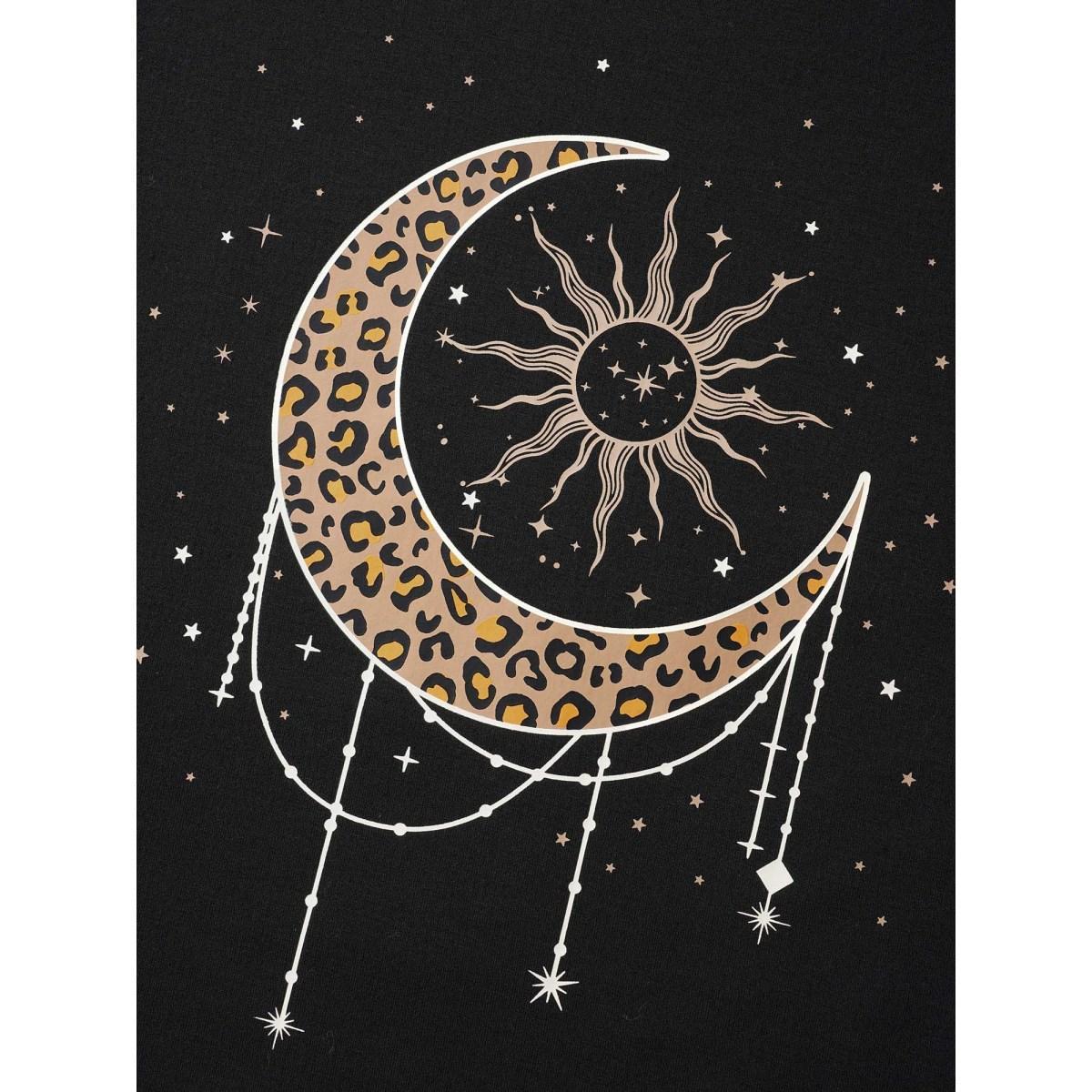Plus Size Crew Neck Celestial Print Stretch Sweatshirt Women Black Casual Non Round Neck Everyday Sweatshirts BloomChic 10/M Product Image