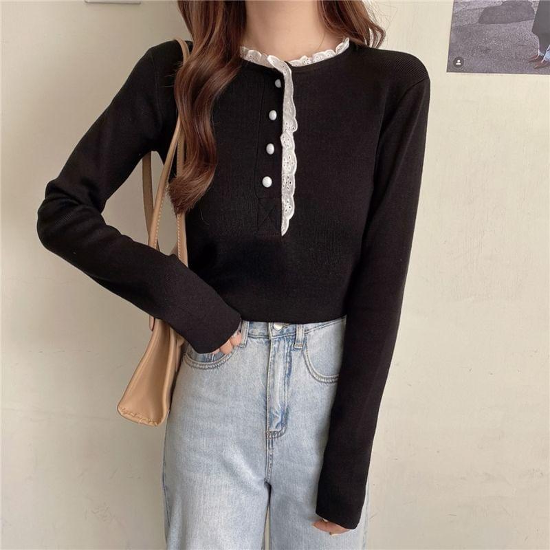 Long-Sleeve Frill Trim Half Buttoned Plain Top Product Image