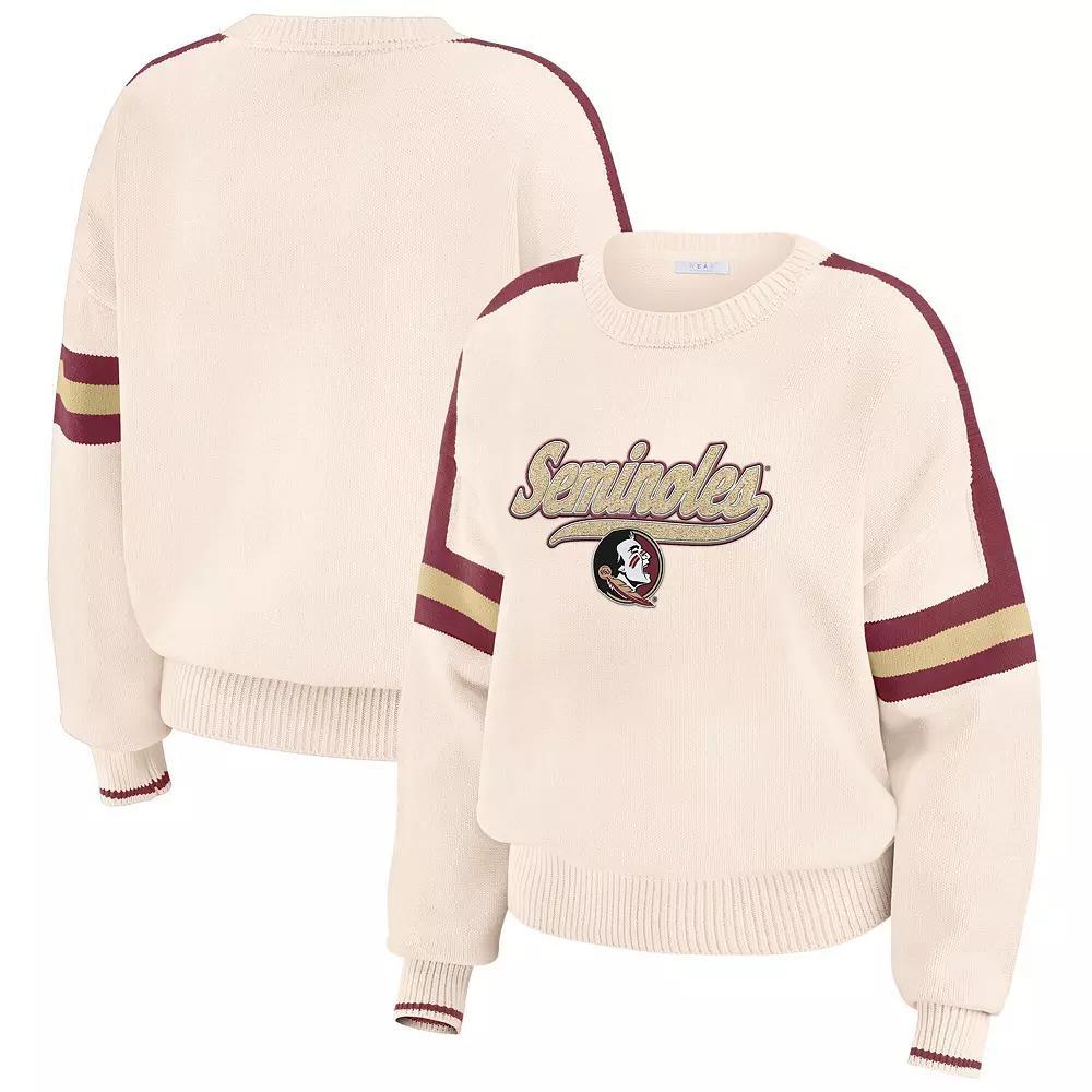 Women's WEAR by Erin Andrews  Cream Florida State Seminoles Chenille Woven Patch Stripe Pullover Sweater, Size: Medium, Beige Product Image