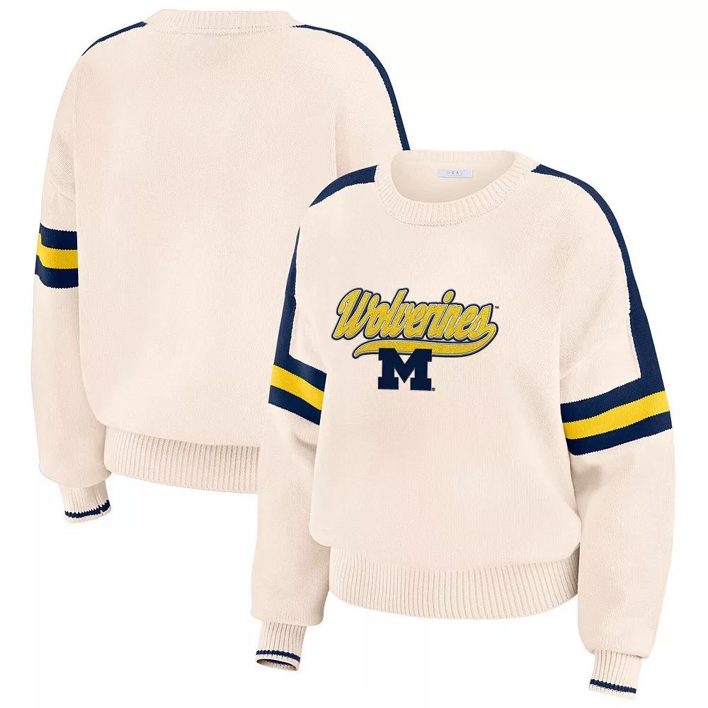 Women's WEAR by Erin Andrews  Cream Michigan Wolverines Chenille Woven Patch Stripe Pullover Sweater, Size: XXL, Beige Product Image