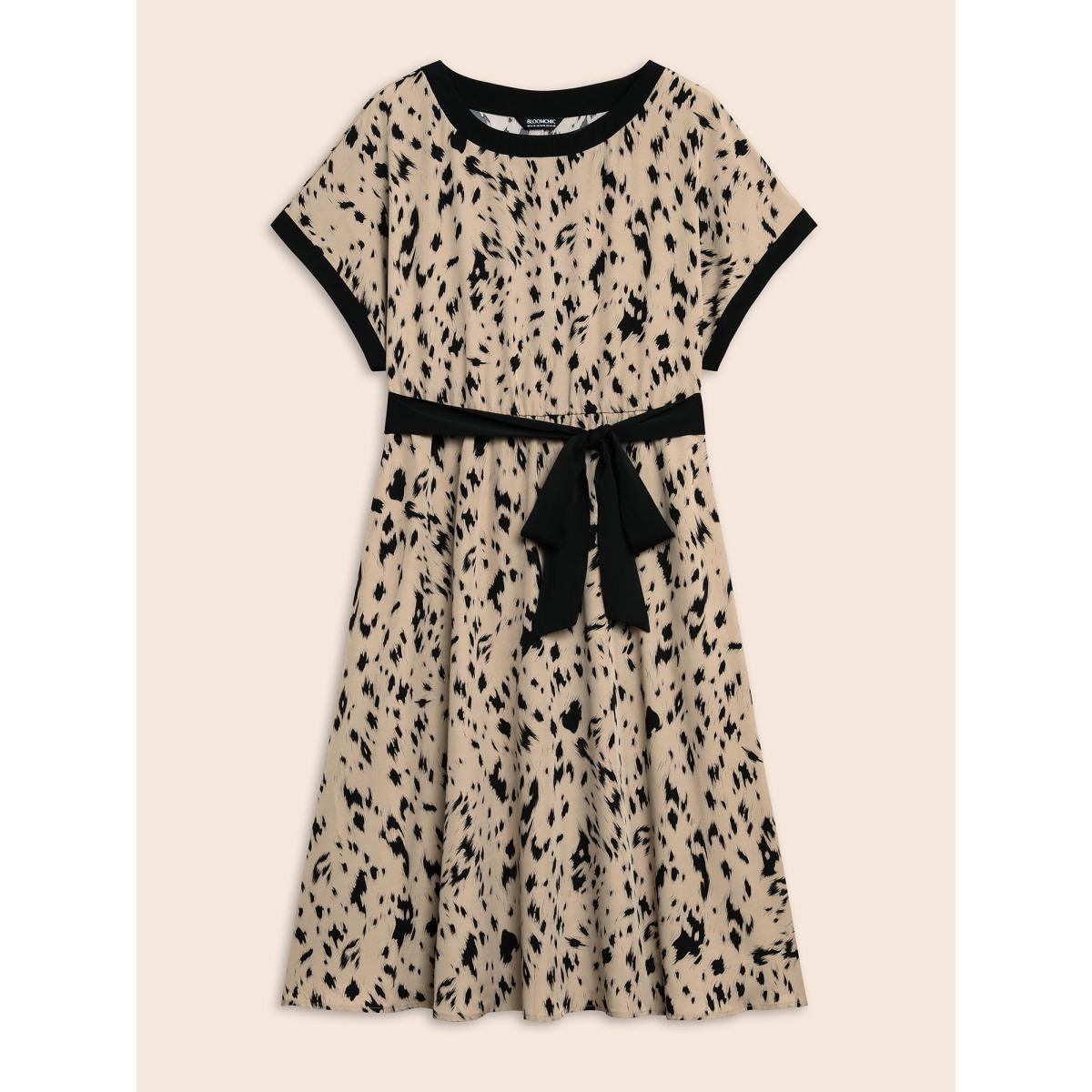 Plus Size Leopard Print Contrast Trim Dolman Sleeve Dress Leopard Women At the Office Belted Round Neck Short sleeve Curvy BloomChic 12/L Product Image