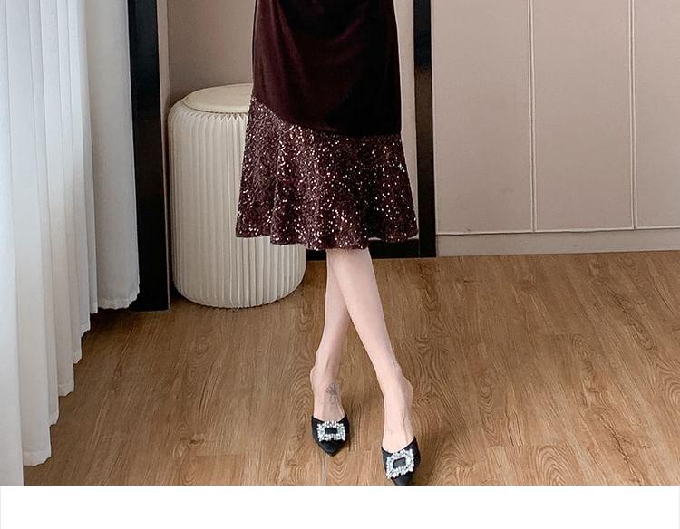 Long Sleeve Round Neck Velvet Sequin Hem Midi A-Line Dress Product Image