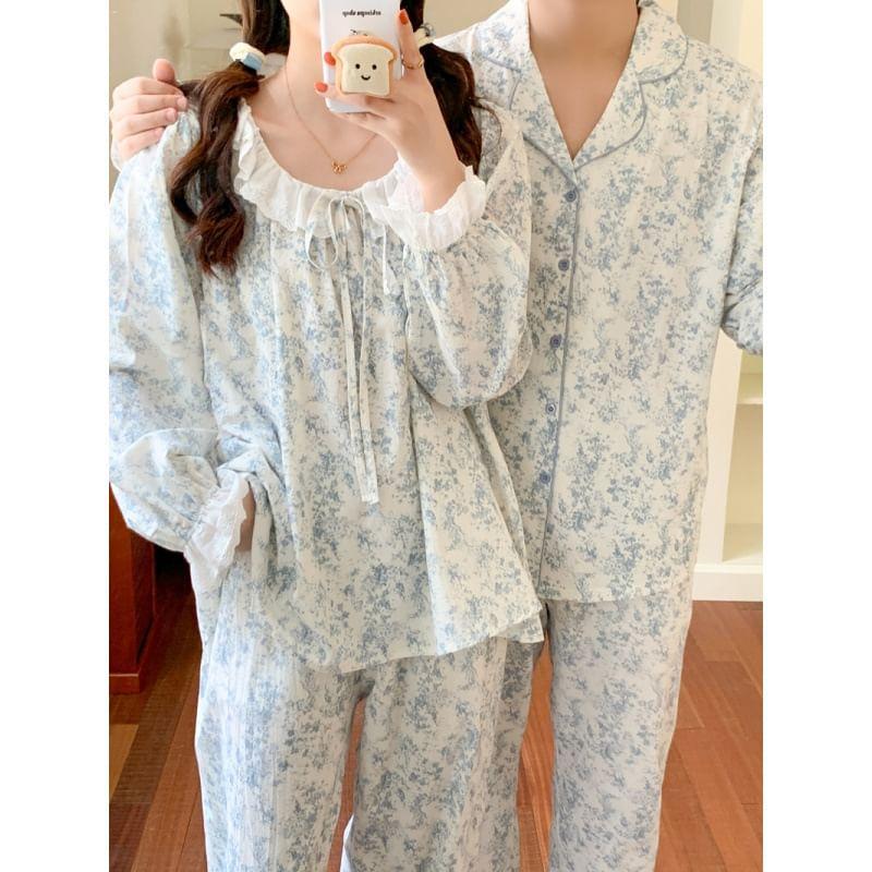 Couple Matching Pajama Set: Long-Sleeve Floral Print Top + Pants (Various Designs) Product Image