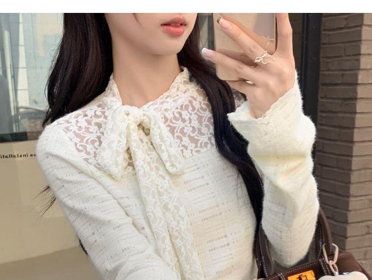 Long-Sleeve Stand Collar Lace Panel Bow Ruched Slim Fit Top Product Image