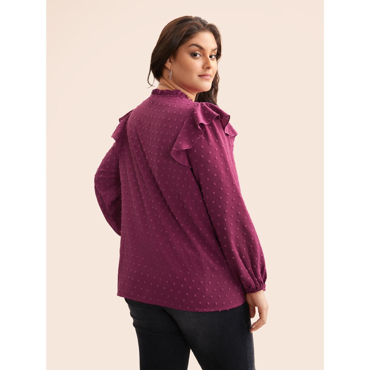 Plus Size RedViolet Texture Woven Ribbon Patchwork Ruffles Blouse Women Elegant Long Sleeve Flat collar with V-notch Everyday Blouses BloomChic 10/M Product Image
