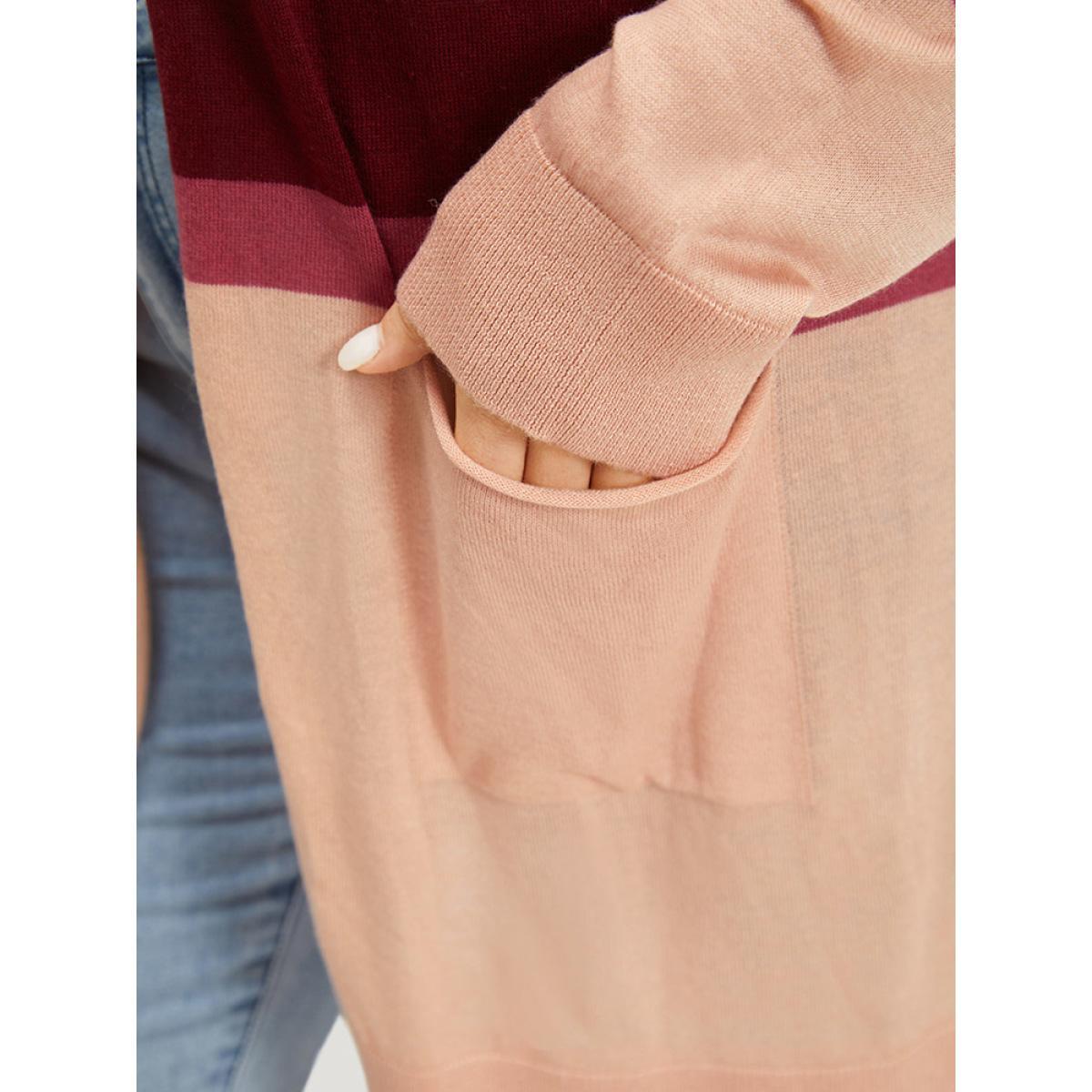 Plus Size Supersoft Essentials Colorblock Open Front Tunic Pocket Cardigan DustyPink Women Casual Loose Long Sleeve Everyday Cardigans BloomChic 28/5X Product Image