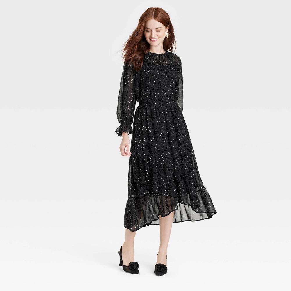 Womens Long Sleeve Ruffle Blouse - A New Day Black Polka Dots Product Image