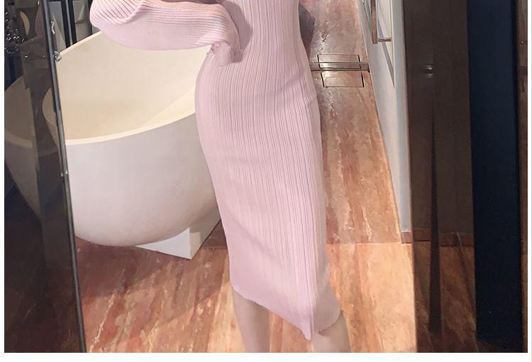 Set: Halter Plain Ribbed Knit Midi Sheath Dress + Bolero Cardigan Product Image