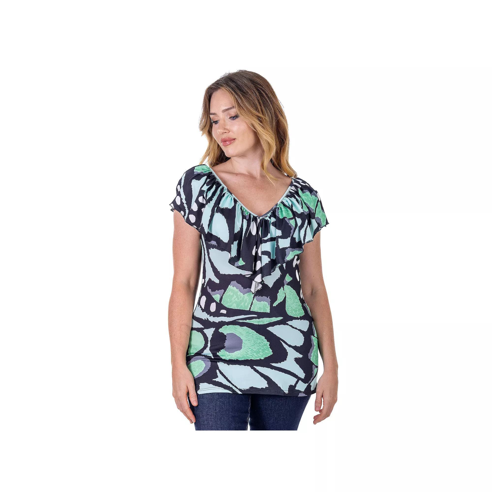 Women's 24Seven Comfort Apparel Butterfly Ruffle V Neck Top, Size: Large, Green Team Product Image