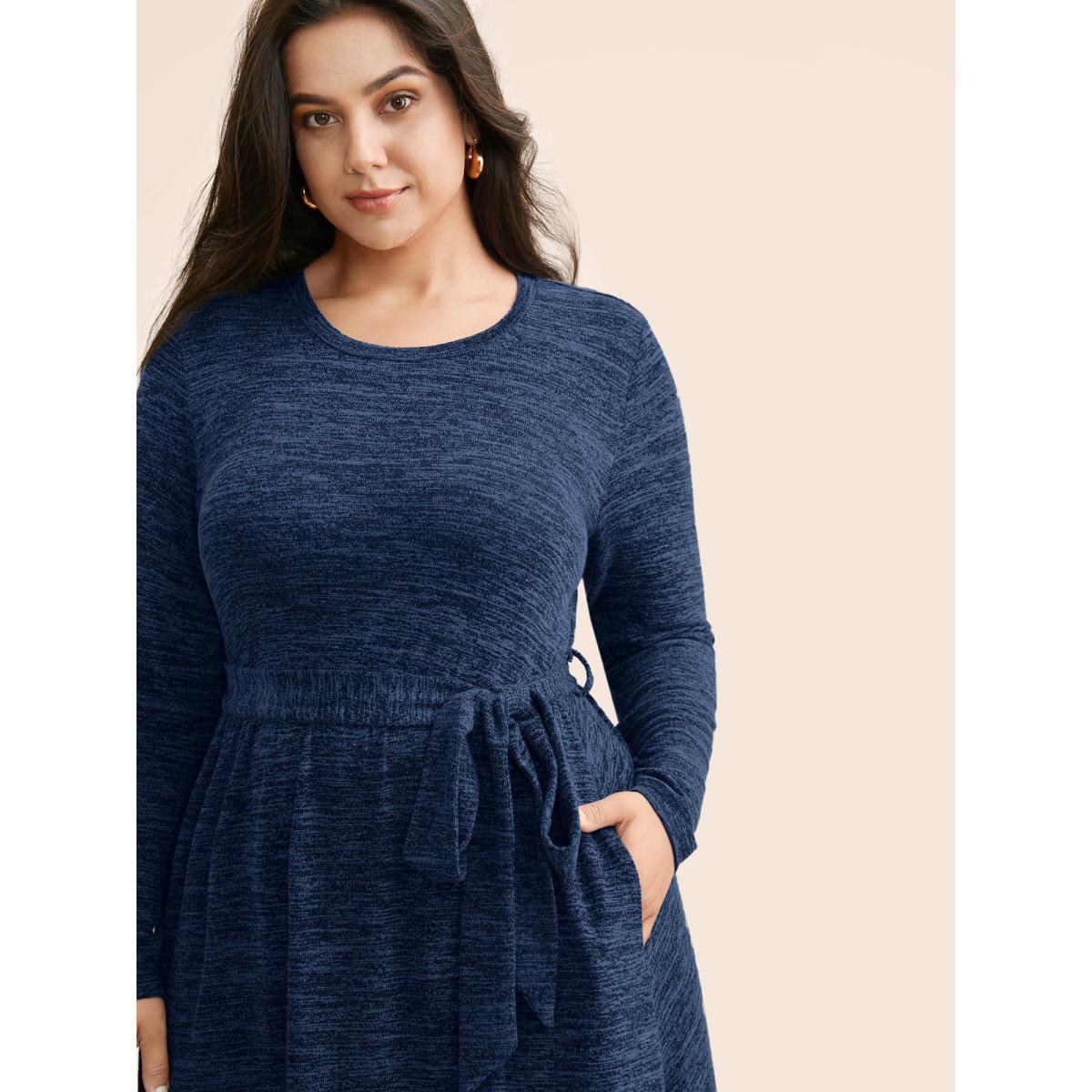 Plus Size Round Neck Heather Belted Dress Mediumblue Women At the Office Texture Round Neck Long Sleeve Curvy BloomChic 12/L Product Image