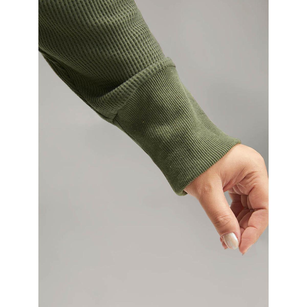Plus Size Plain Textured Belted Button Up Dress ArmyGreen Women Casual Texture Round Neck Long Sleeve Curvy Midi Dress BloomChic 14-16/1X Product Image