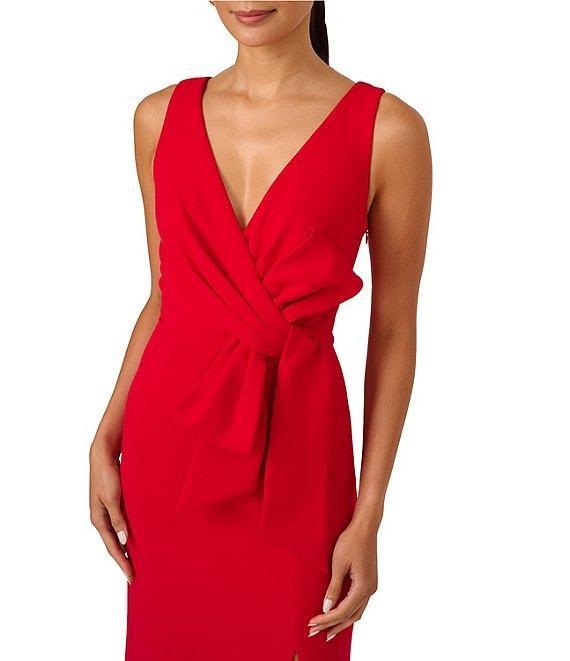 Adrianna Papell Solid Crepe V-Neck Sleeveless Front Bow Twist Side Slit Sheath Gown Product Image