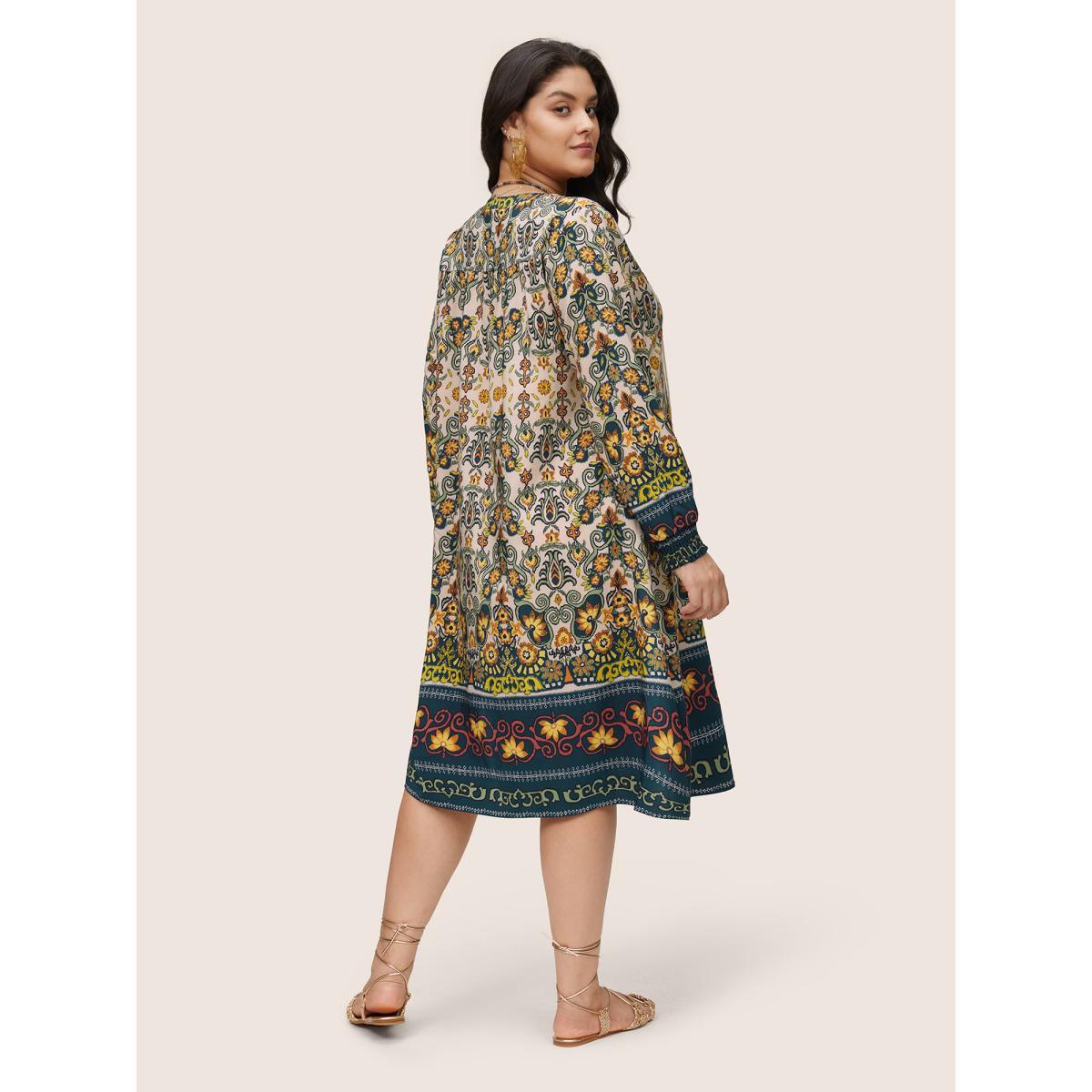 Plus Size Bandana Print Tassels Ties Shirred Cuffs Dress DarkGreen Women Vacation Tassels Tie Neck Long Sleeve Curvy Midi Dress BloomChic 30/6X Product Image