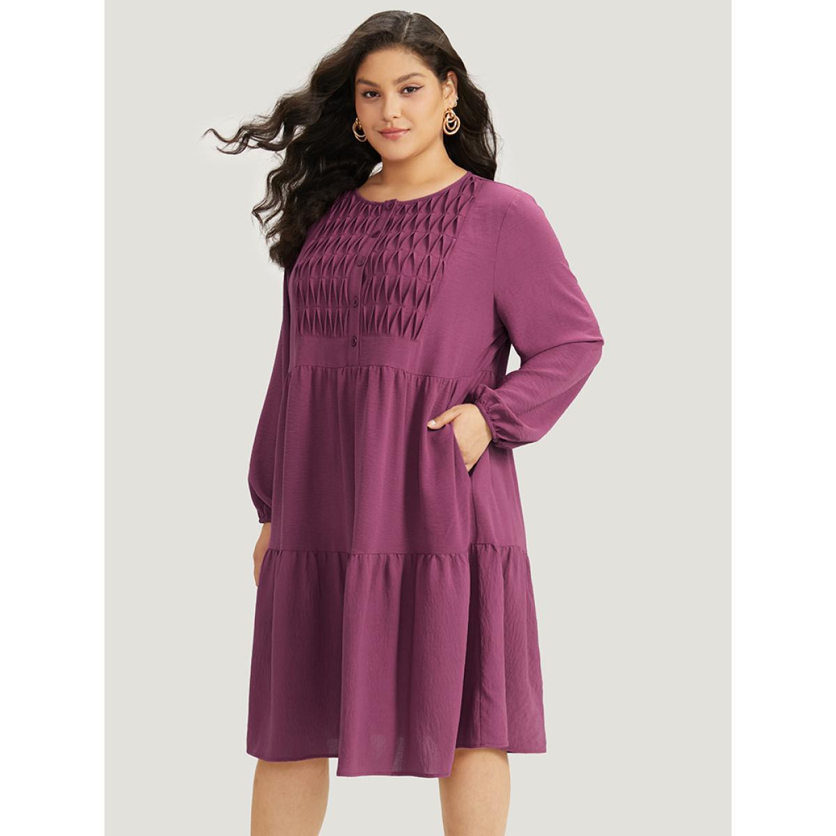 Plus Size Plain Plicated Detail Layered Hem Dress RedViolet Women Elegant Elastic cuffs Round Neck Long Sleeve Curvy Midi Dress BloomChic 30/6X Product Image