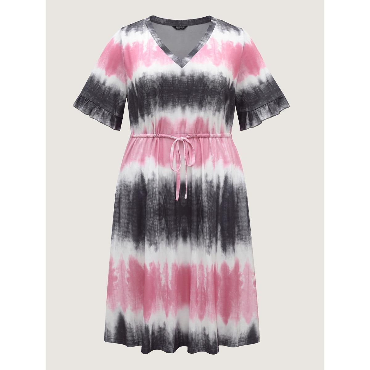 Plus Size Supersoft Tie-Dye Drawstring Midi Dress Multicolor Women V-neck Short sleeve Curvy BloomChic 26/4X Product Image