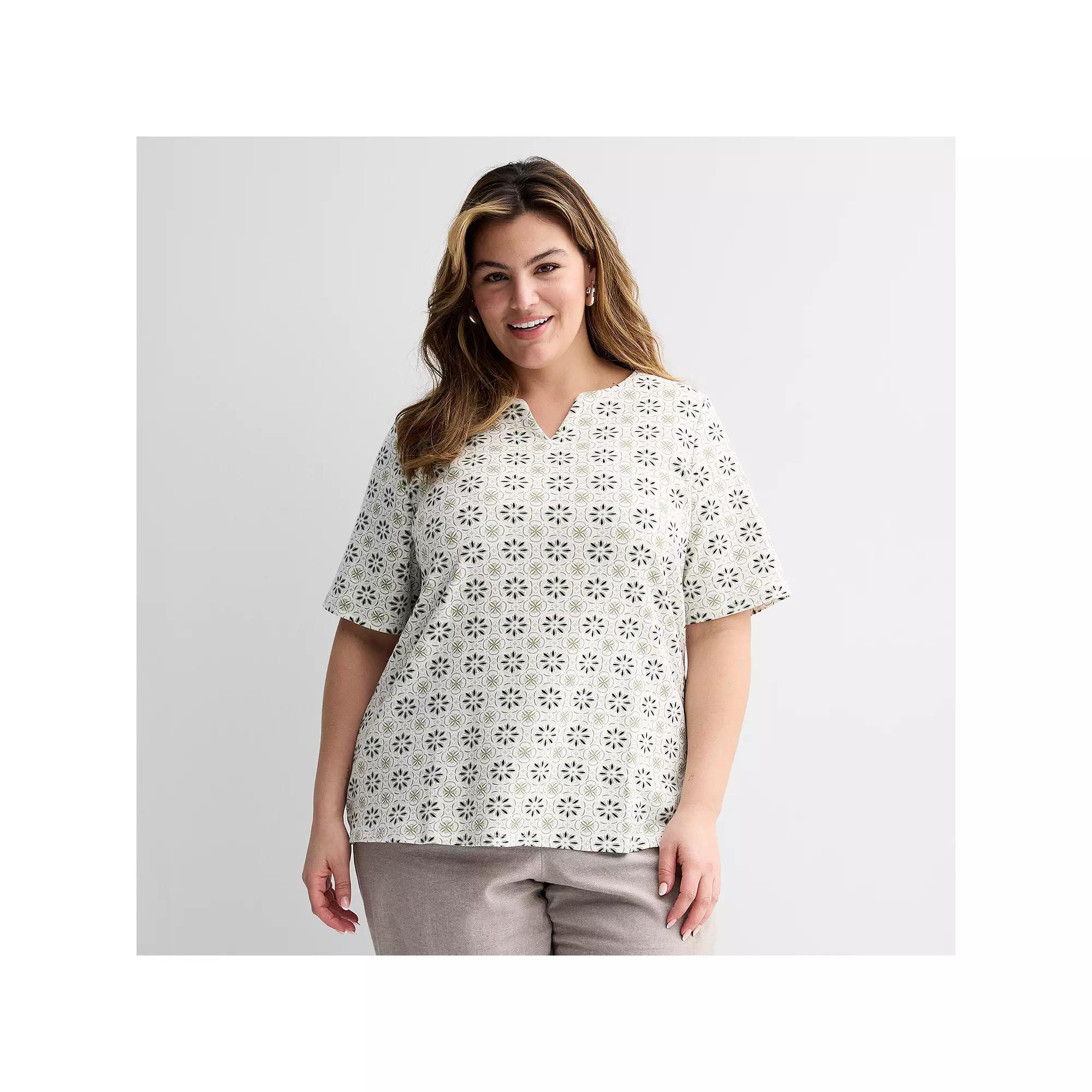 Plus Size Croft & Barrow® Elbow Sleeve Split Neck Top, Women's, Size: 1XL, Blue  Pink Product Image