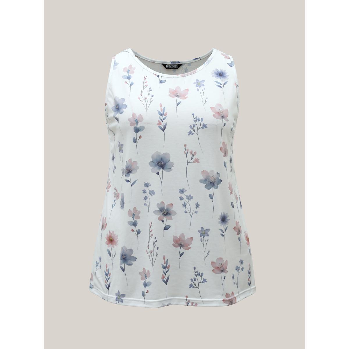 Plus Size Stretchy Floral Print Fitted Vest Women WhiteSmoke Elegant Non Round Neck Everyday Tank Tops Camis BloomChic 18-20/2X Product Image