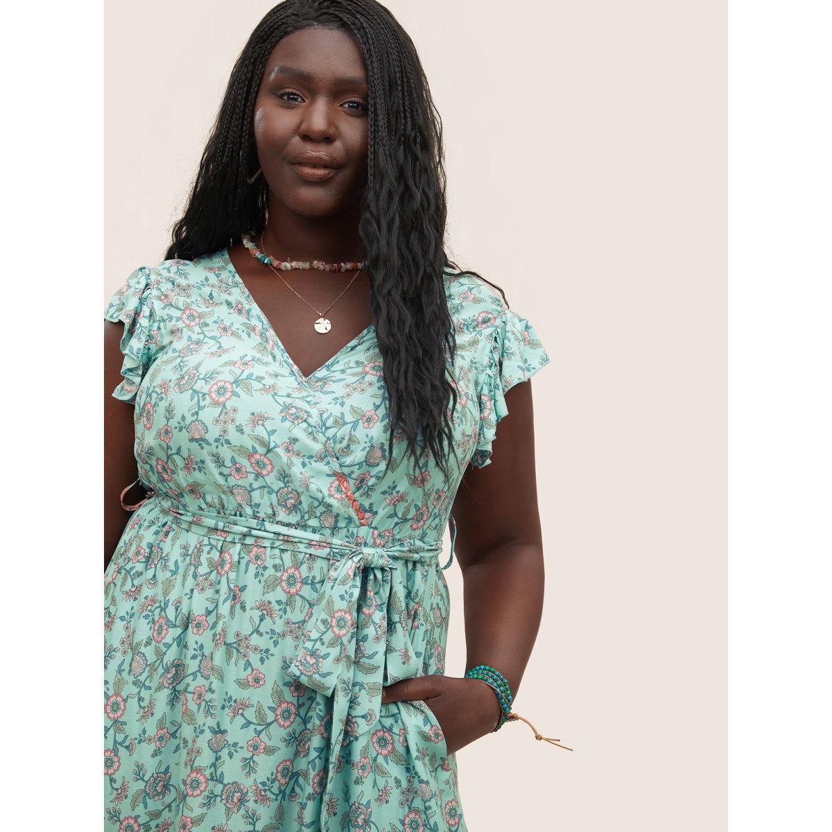 Plus Size Bandana Ruffles Wrap Elastic Waist Belted Dress Turquoise Women Resort Non Overlap Collar Sleeveless Curvy Midi Dress BloomChic 12/L Product Image