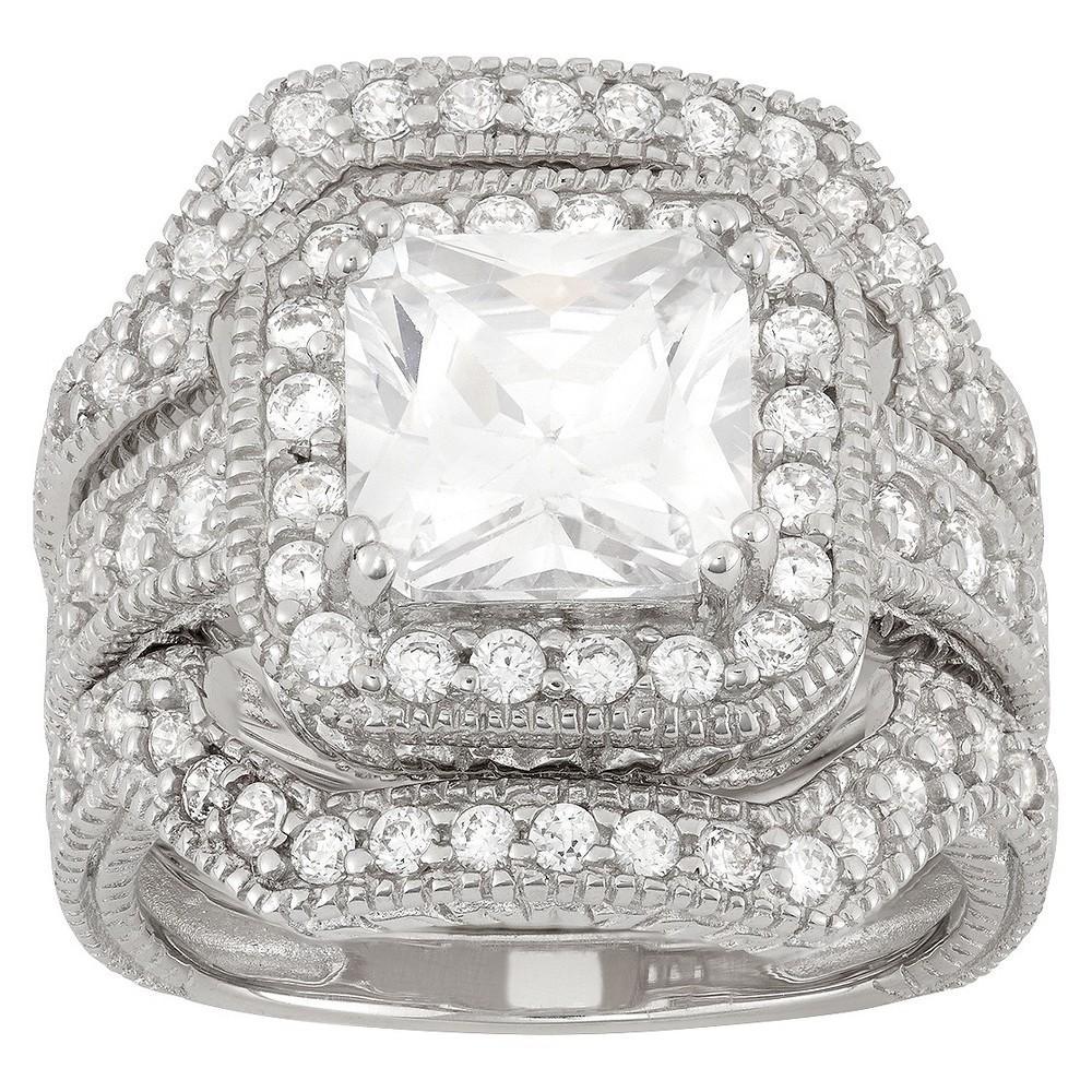 Cubic Zirconia Halo Engagement Ring Set in Sterling Silver, Women's, Size: 9 Product Image