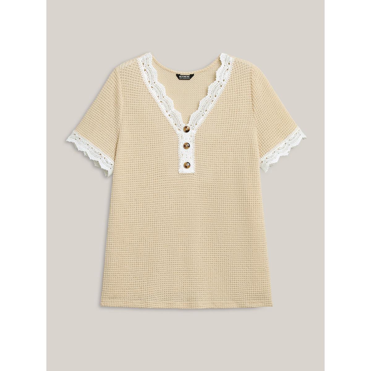 Plus Size Sheer Waffle Textured Lace Trim T-Shirt Beige Women Woven ribbon&lace trim V-neck Everyday-Casual T-shirts BloomChic 22-24/3X Product Image