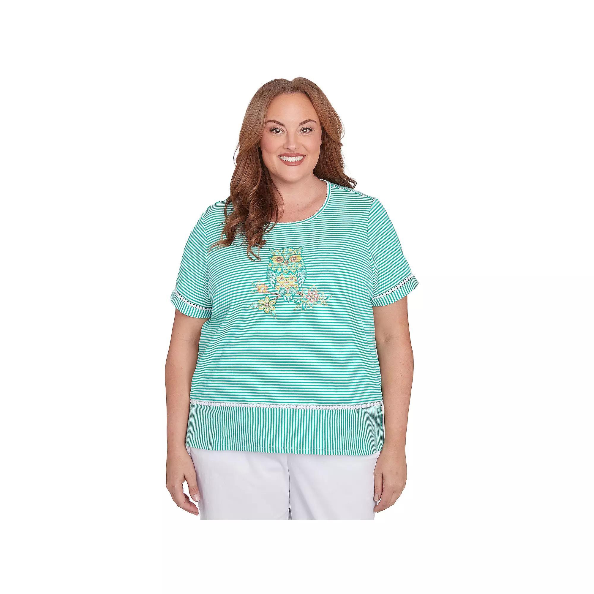 Plus Size Alfred Dunner Owl Knit Striped Tee, Women's, Size: 3XL, Green Product Image