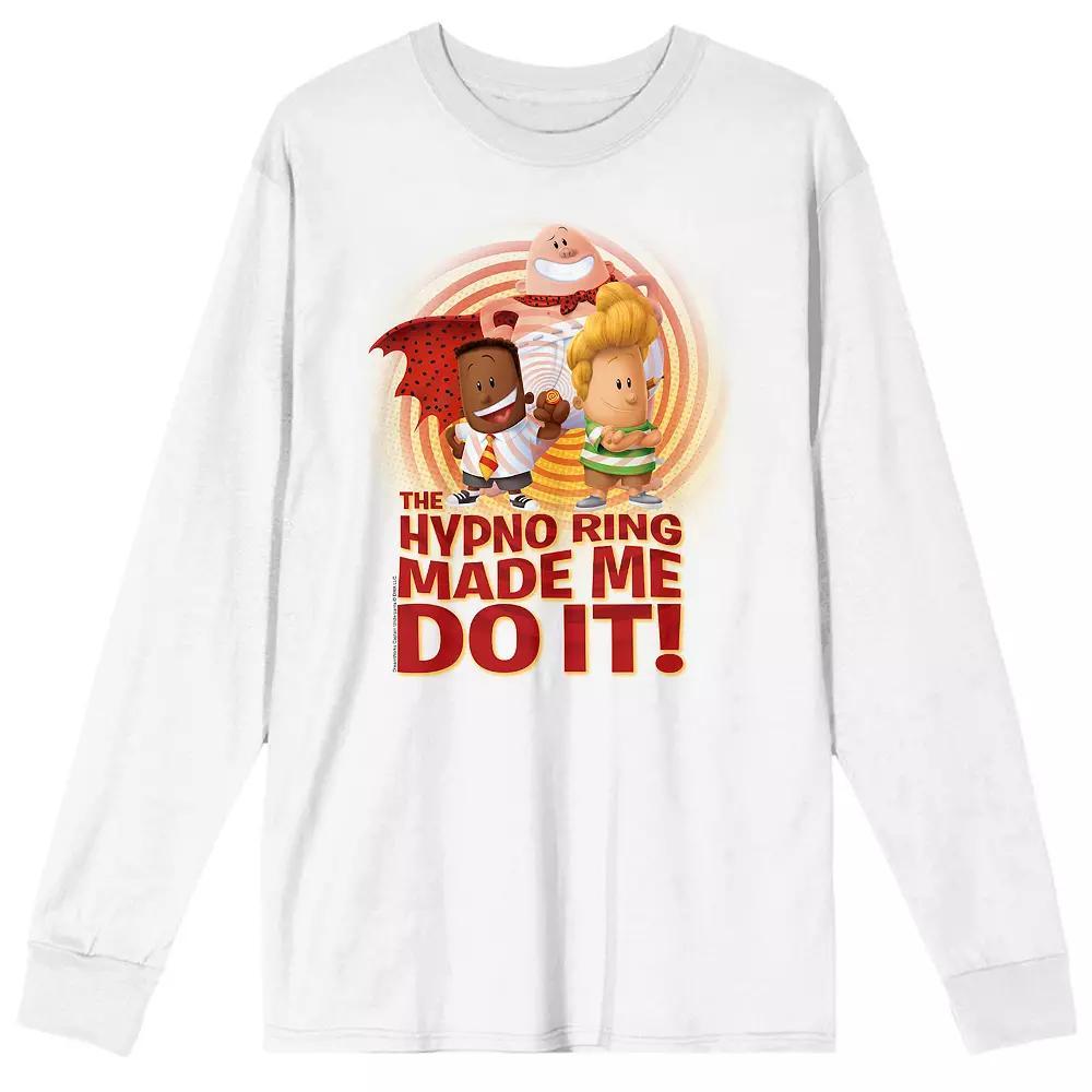 Men's Captain Underpants "Hypno Ring Made Me Do It" Long Sleeve Graphic Tee, Size: XXL, White Product Image