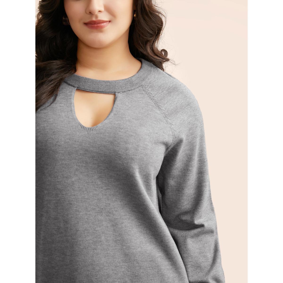 Plus Size Plain Keyhole Puff Sleeve Pullover DarkGray Women Casual Long Sleeve Round Neck Everyday Pullovers BloomChic 14-16/1X Product Image