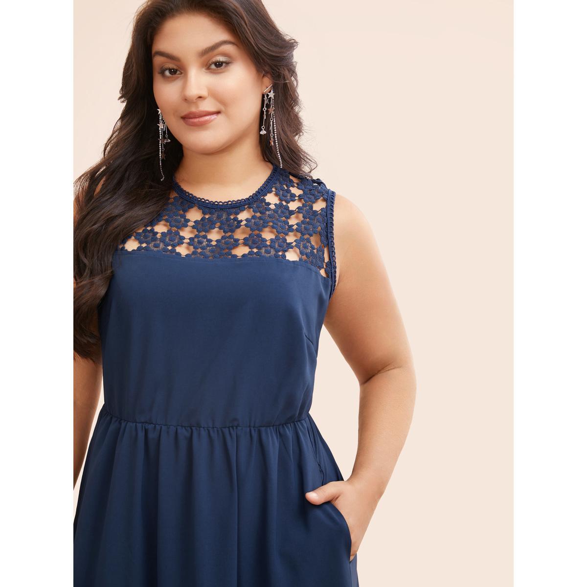 Plus Size Lace Panel Elastic Waist Sleeveless Dress DarkBlue Women Formal Woven ribbon&lace trim Party Curvy Bloomchic 22-24/3X Product Image