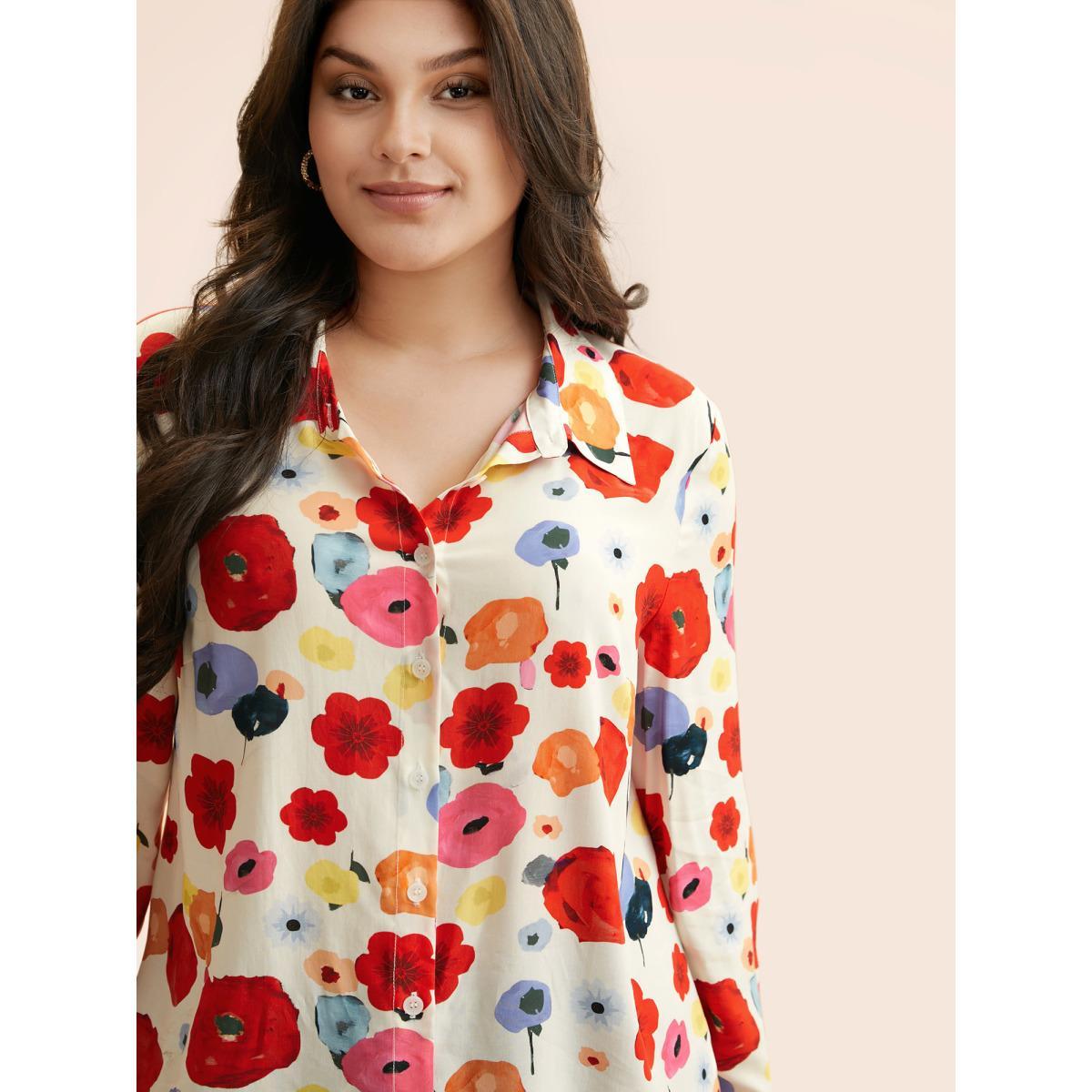 Plus Size Multicolor Contrast Floral Shirt Collar Blouse Women Elegant Long Sleeve Shirt collar Everyday Blouses BloomChic 26/4X Product Image