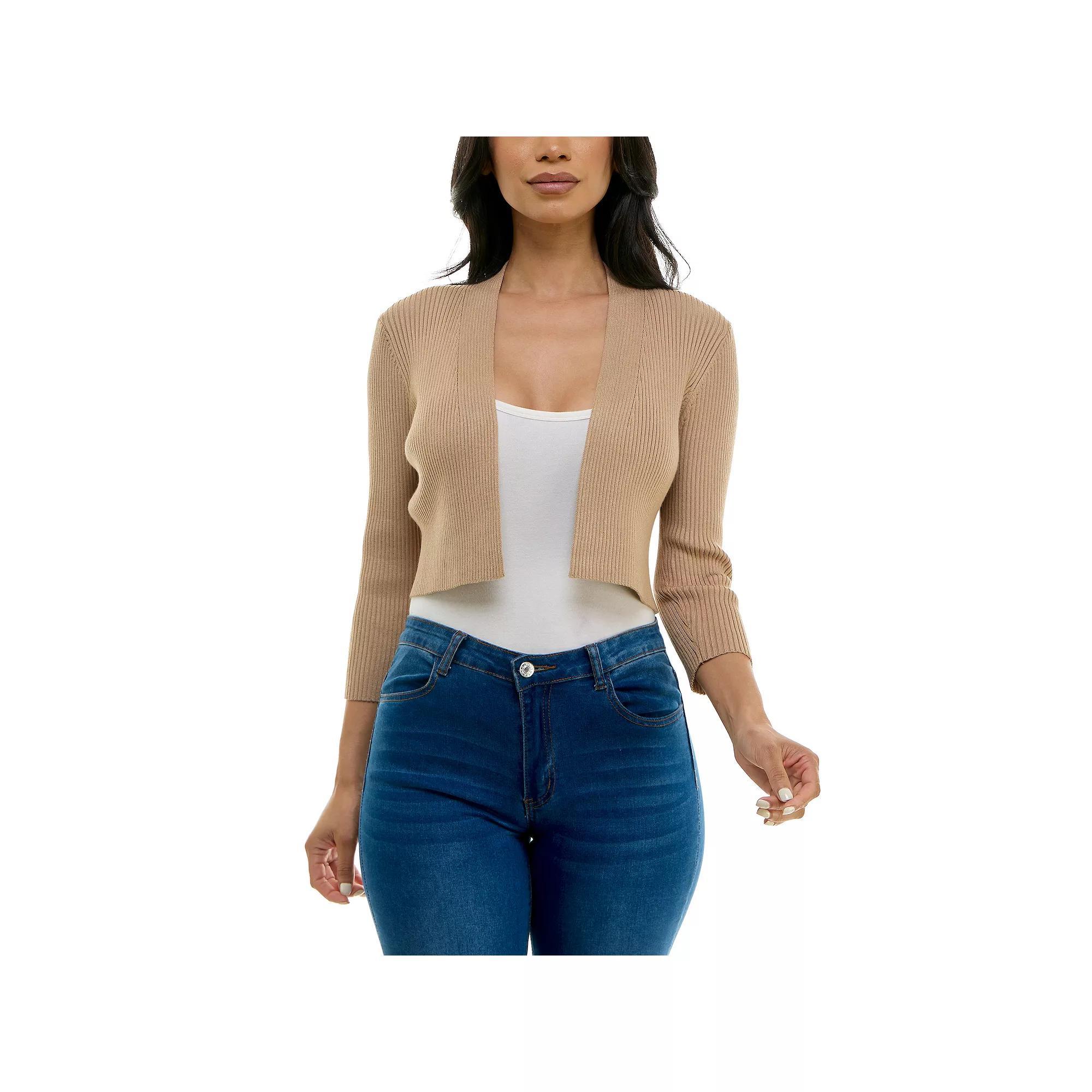 Women's Nina Leonard Three-Quarter Sleeve Ribbed Edge Bolero, Size: Large, Black Product Image