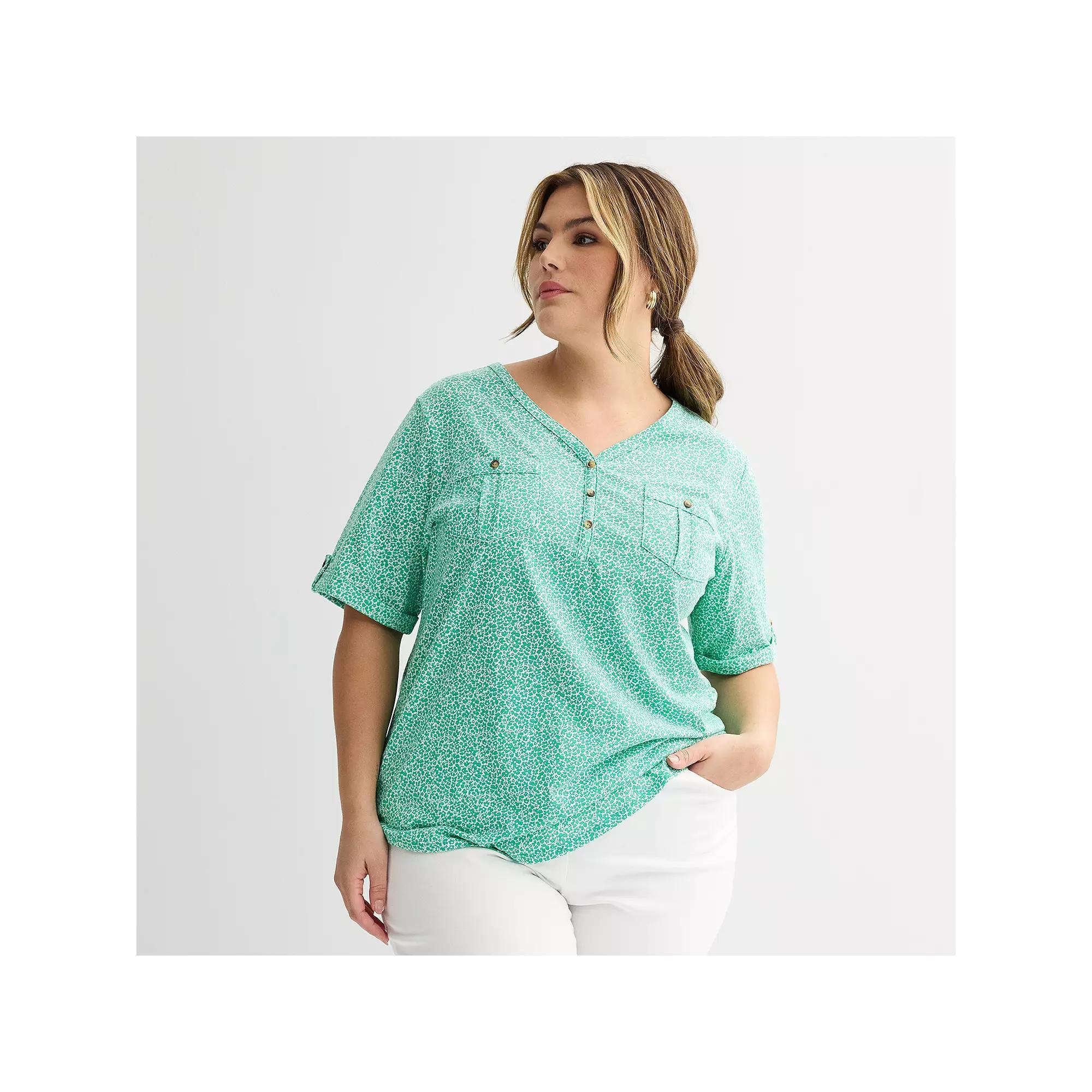 Plus Croft & Barrow Elbow Sleeve Utility Henley Top, Womens Product Image