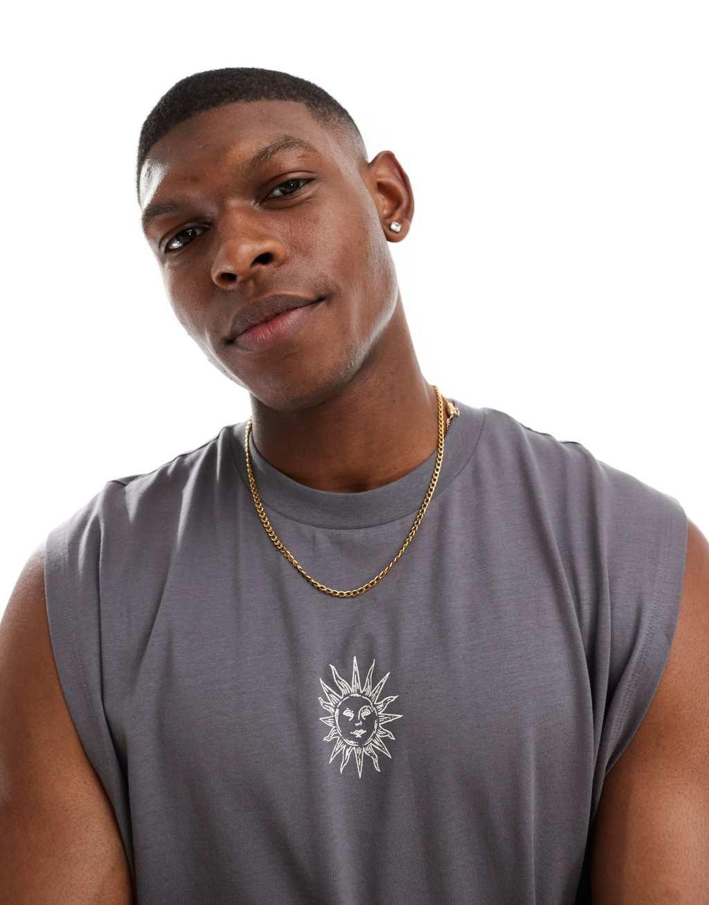 ASOS DESIGN oversized tank top in dark gray with celestial chest and back print Product Image