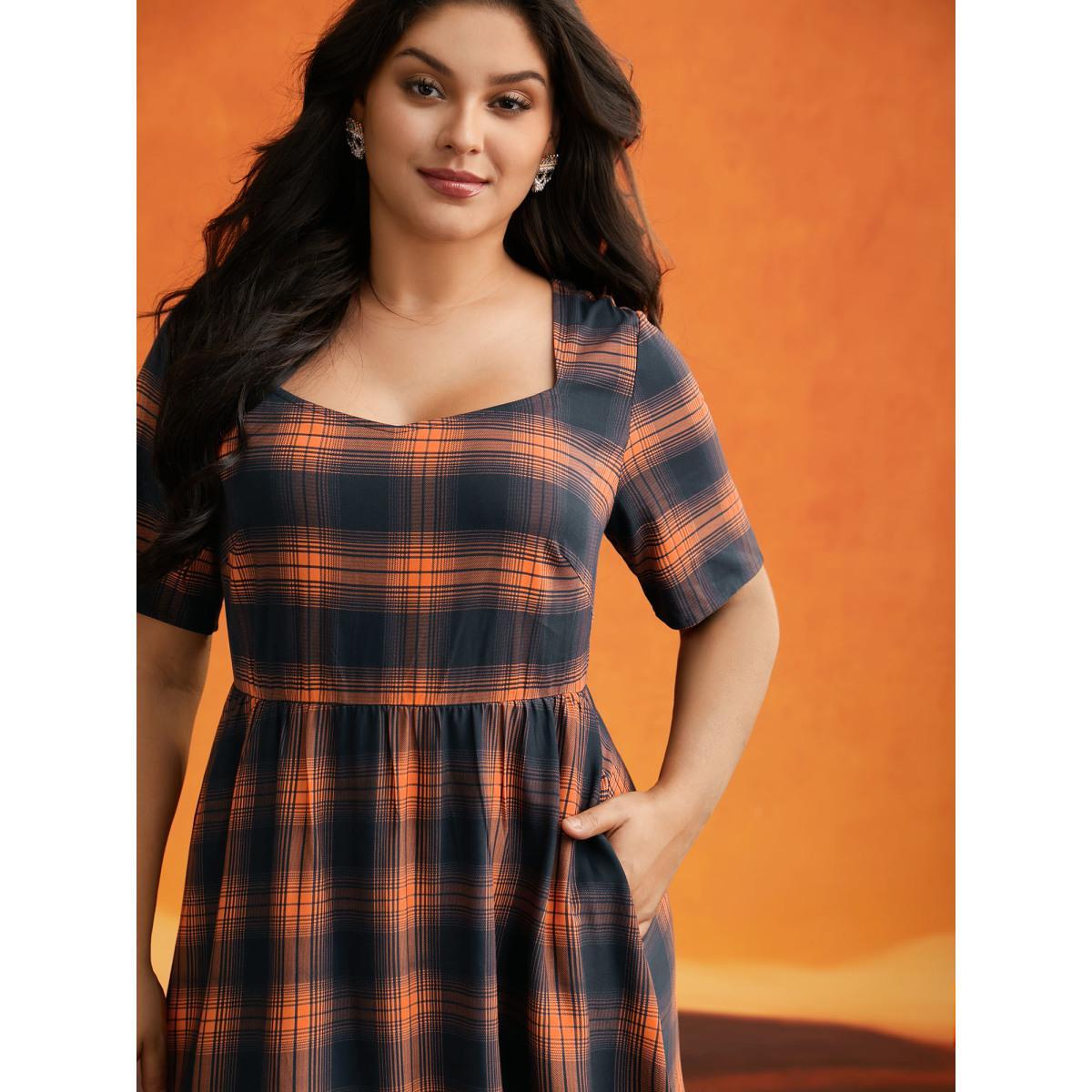 Plus Size Stretchy Plaid Contrast Splicing Midi Dress Brightorange Women Cocktail Non Party Curvy Bloomchic 14-16/1X Product Image