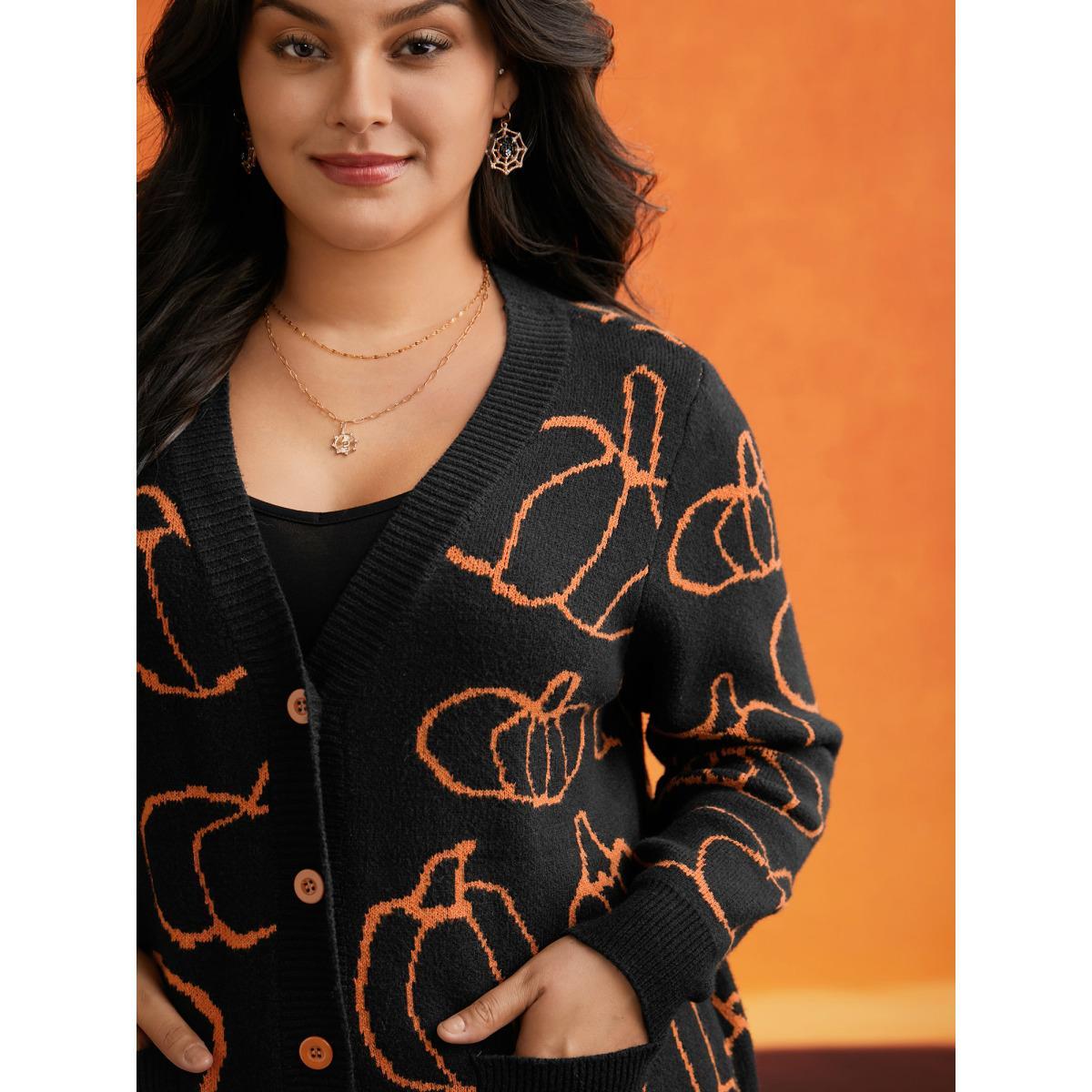 Plus Size Supersoft Essentials Pumpkin Printed Open Cardigan Black Women Casual Loose Long Sleeve Everyday Cardigans BloomChic 26/4X Product Image