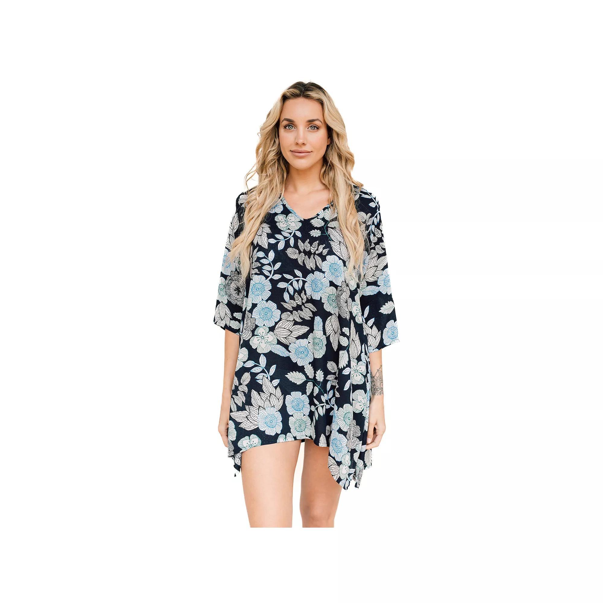 Womens J. Valdi Sharkbite Swim Tunic Cover-Up Blue Floral Product Image