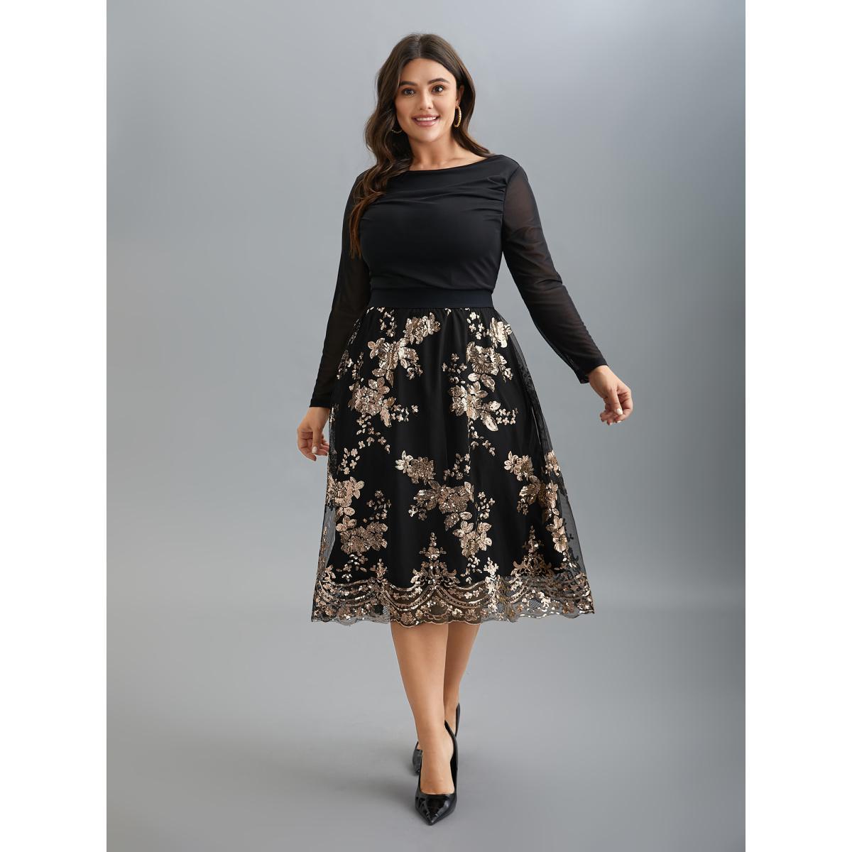 Plus Size Sequin Floral Stretchy Waist Skirt Women Black Cocktail No stretch Party Skirts BloomChic 12/L Product Image