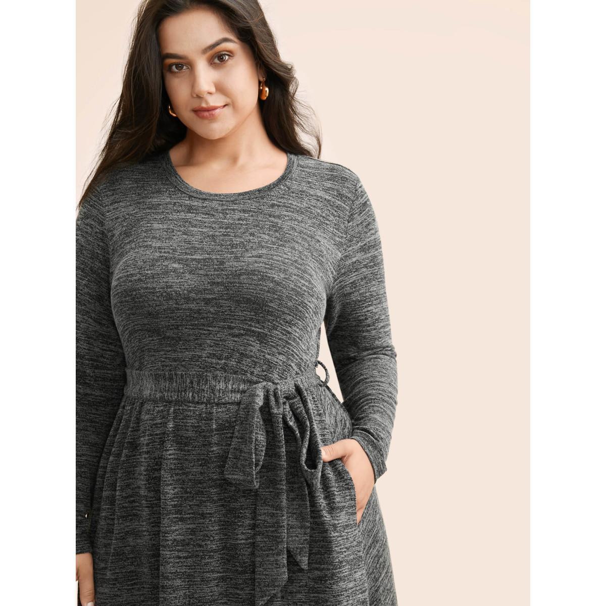 Plus Size Round Neck Heather Belted Dress DimGray Women At the Office Texture Round Neck Long Sleeve Curvy BloomChic 18-20/2X Product Image