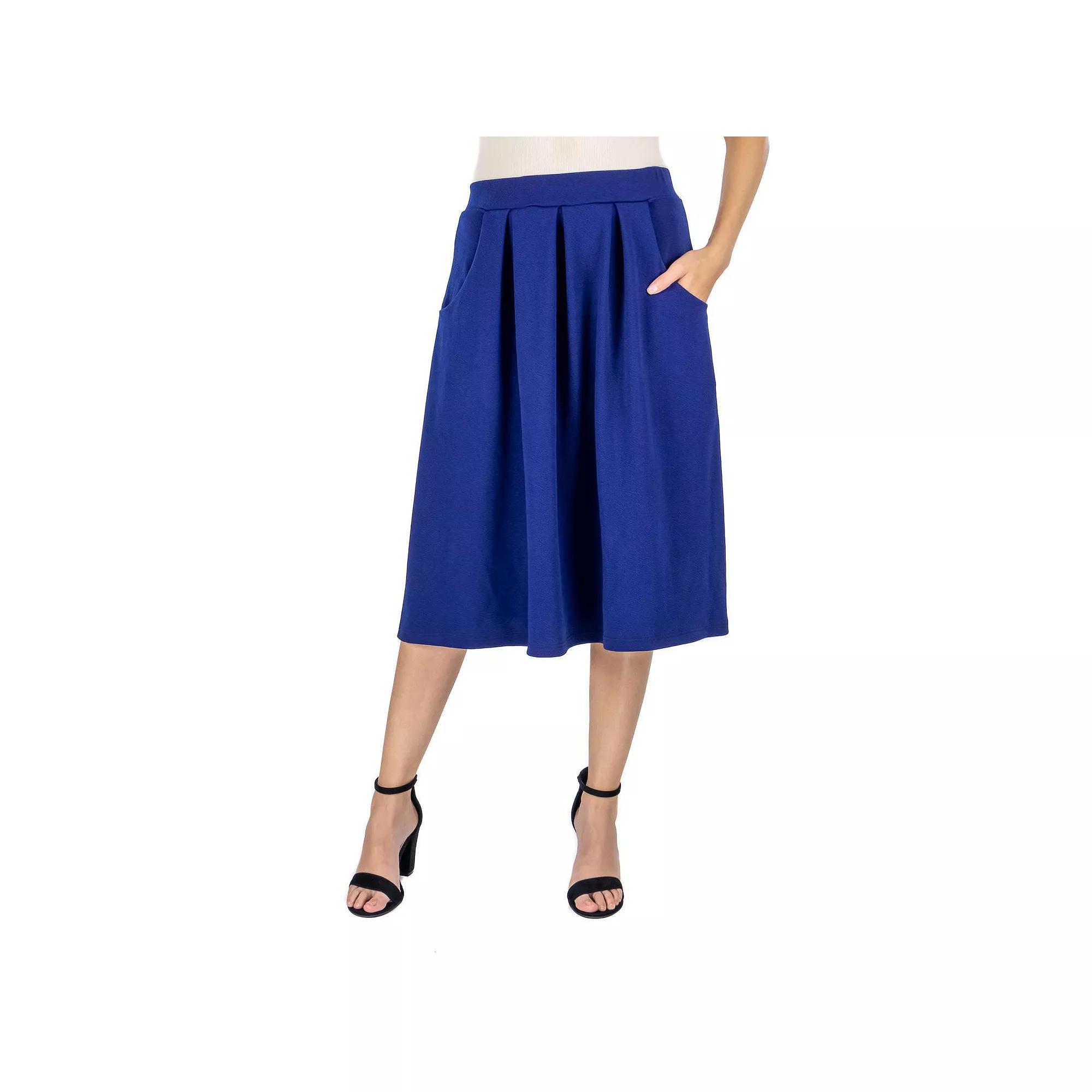 Women's 24Seven Comfort Apparel Solid Pleated Midi Skirt, Size: Small, Blue Product Image