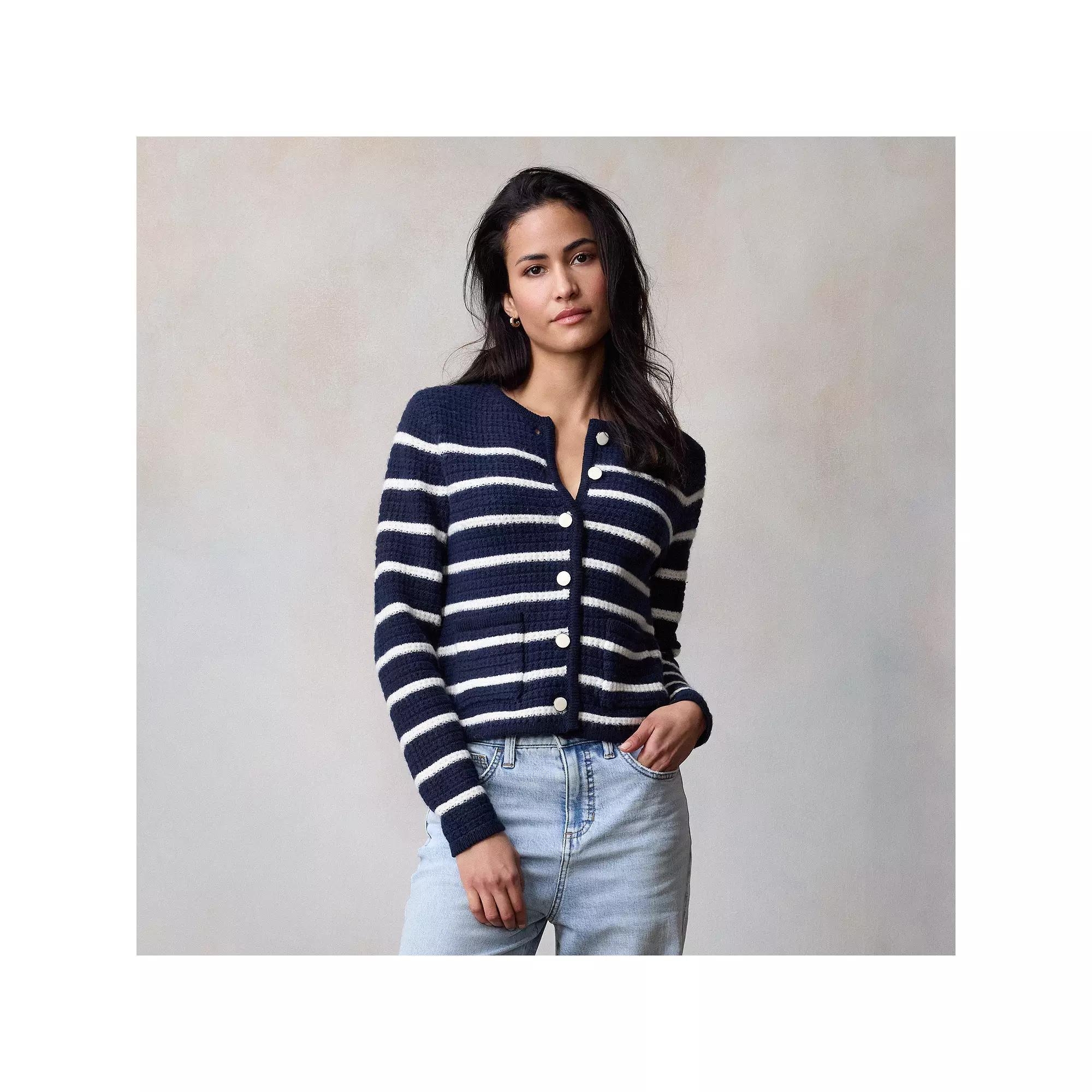 Women's LC Lauren Conrad Textured Stitch Crewneck Cardigan, Size: Medium, Blue Basque Stripe Product Image