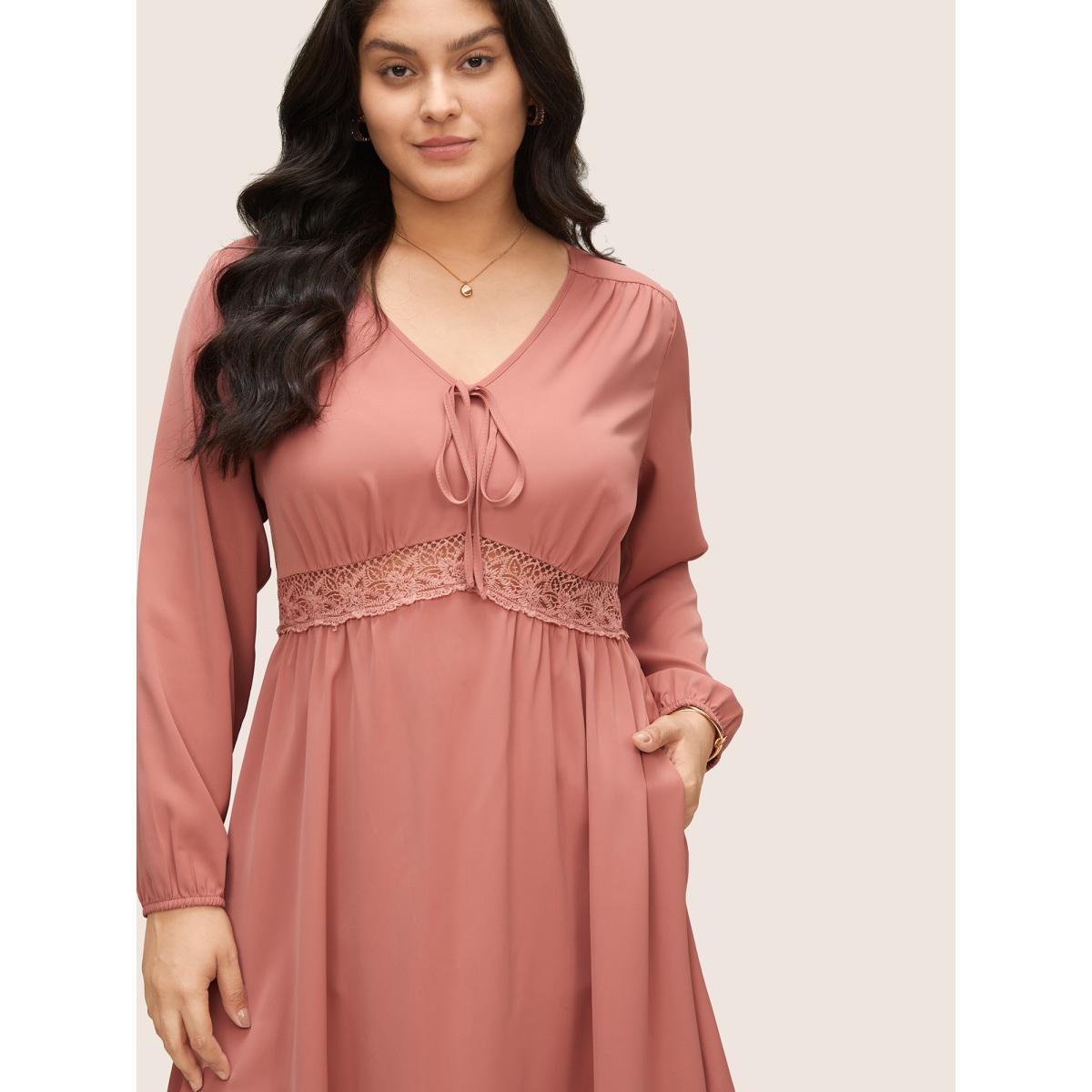 Plus Size Lace Insert Pocket Bowknot Hollow Out Dress DustyPink Women Elegant Elastic cuffs V-neck Long Sleeve Curvy Midi Dress BloomChic 22-24/3X Product Image