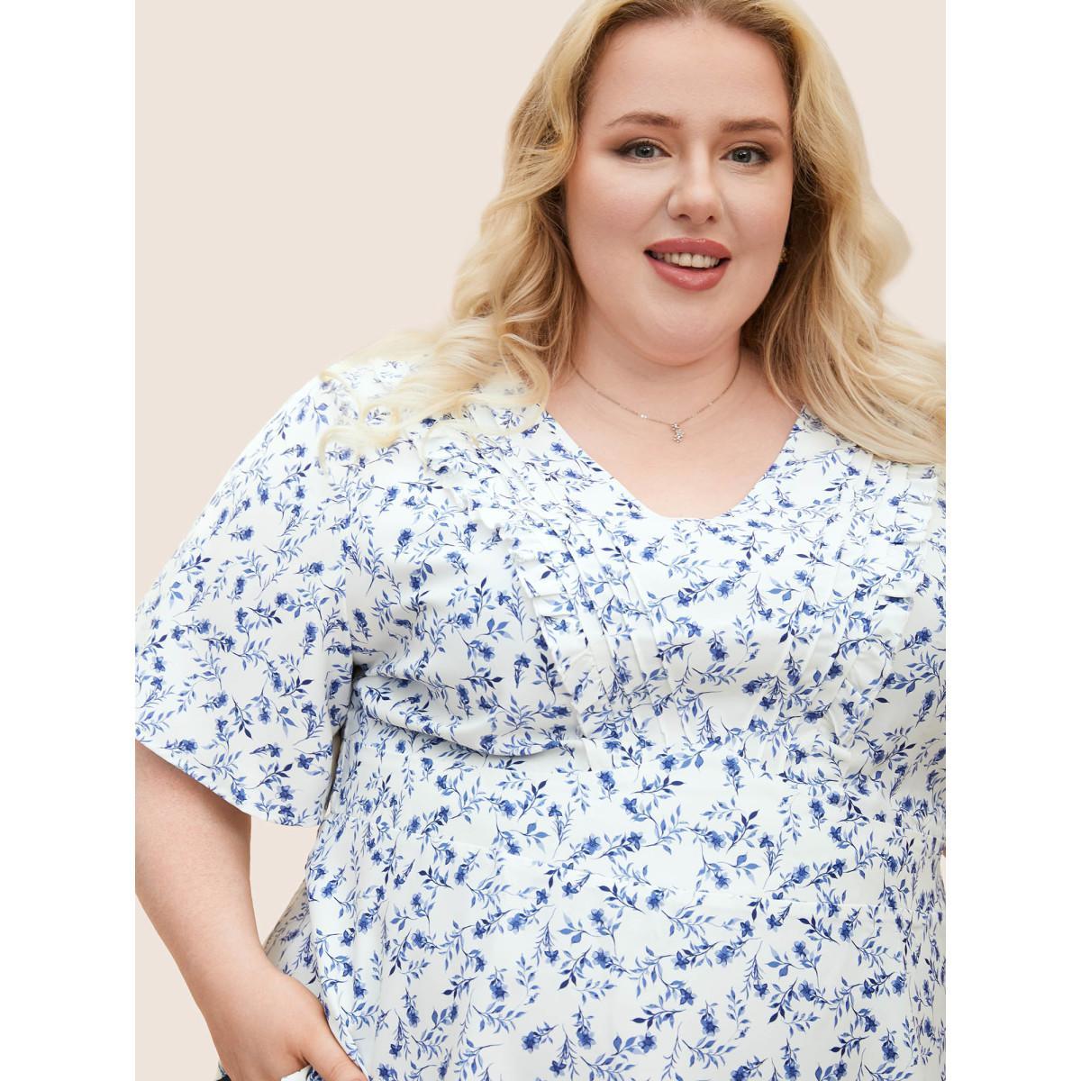 Plus Size Ivory Floral Pleated Elastic Waist Ruffle Sleeve Blouse Women Elegant Half Sleeve V-neck Everyday Blouses BloomChic 28/5X Product Image