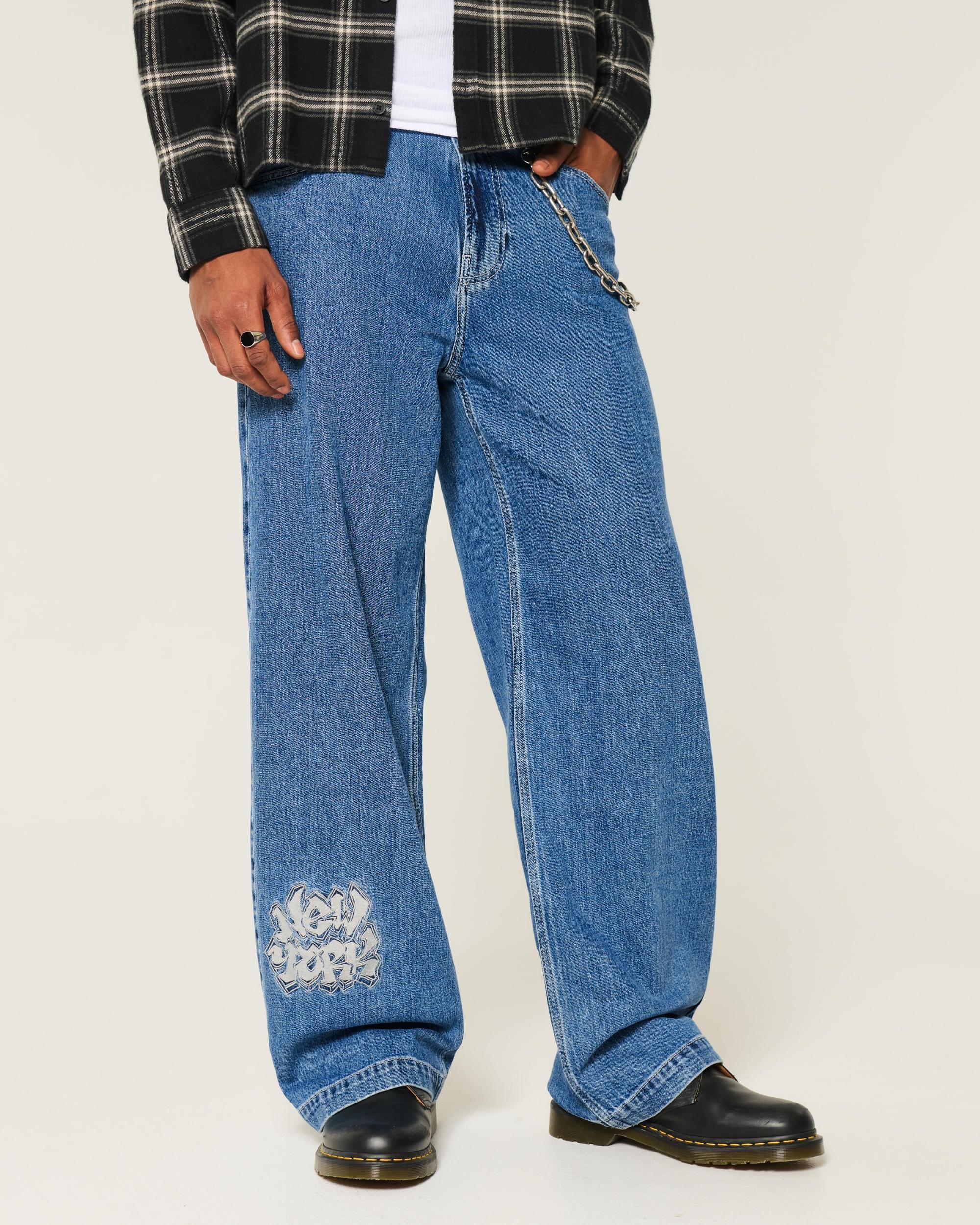 Medium Wash NYC Graphic Super Baggy Jeans Product Image