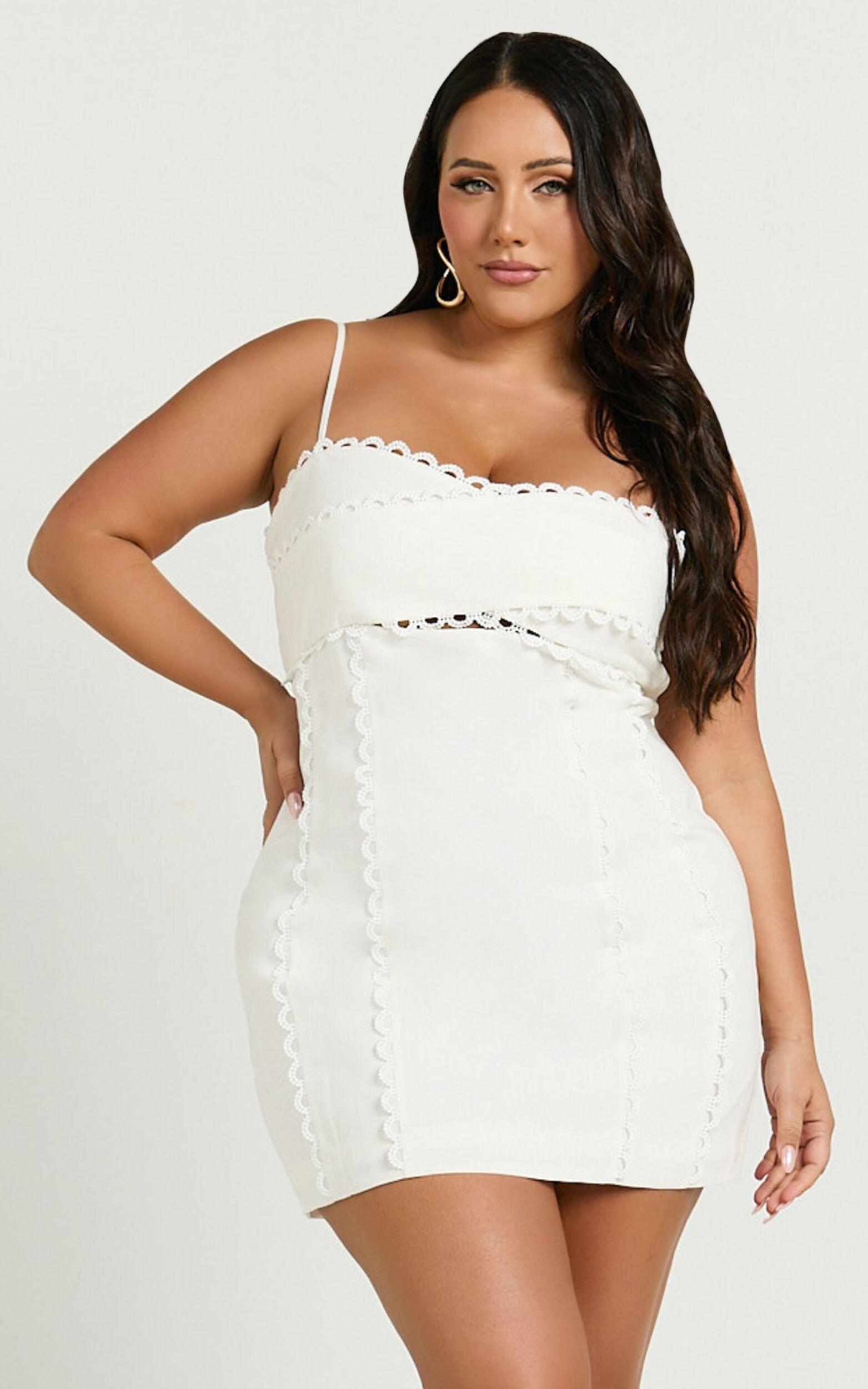 Gigi Mini Linen Blend Dress - Sweetheart Tie Back Scallop Detail Dress in Off White Product Image