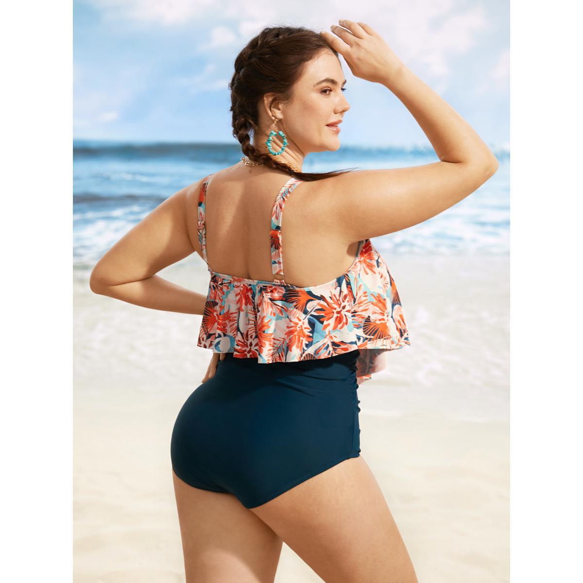Plus Size Floral Print Tiered Ruffles One Piece Swimsuit Women's Swimwear Cyan Beach Gathered Curve Bathing Suits High stretch One Pieces BloomChic 28/5X Product Image