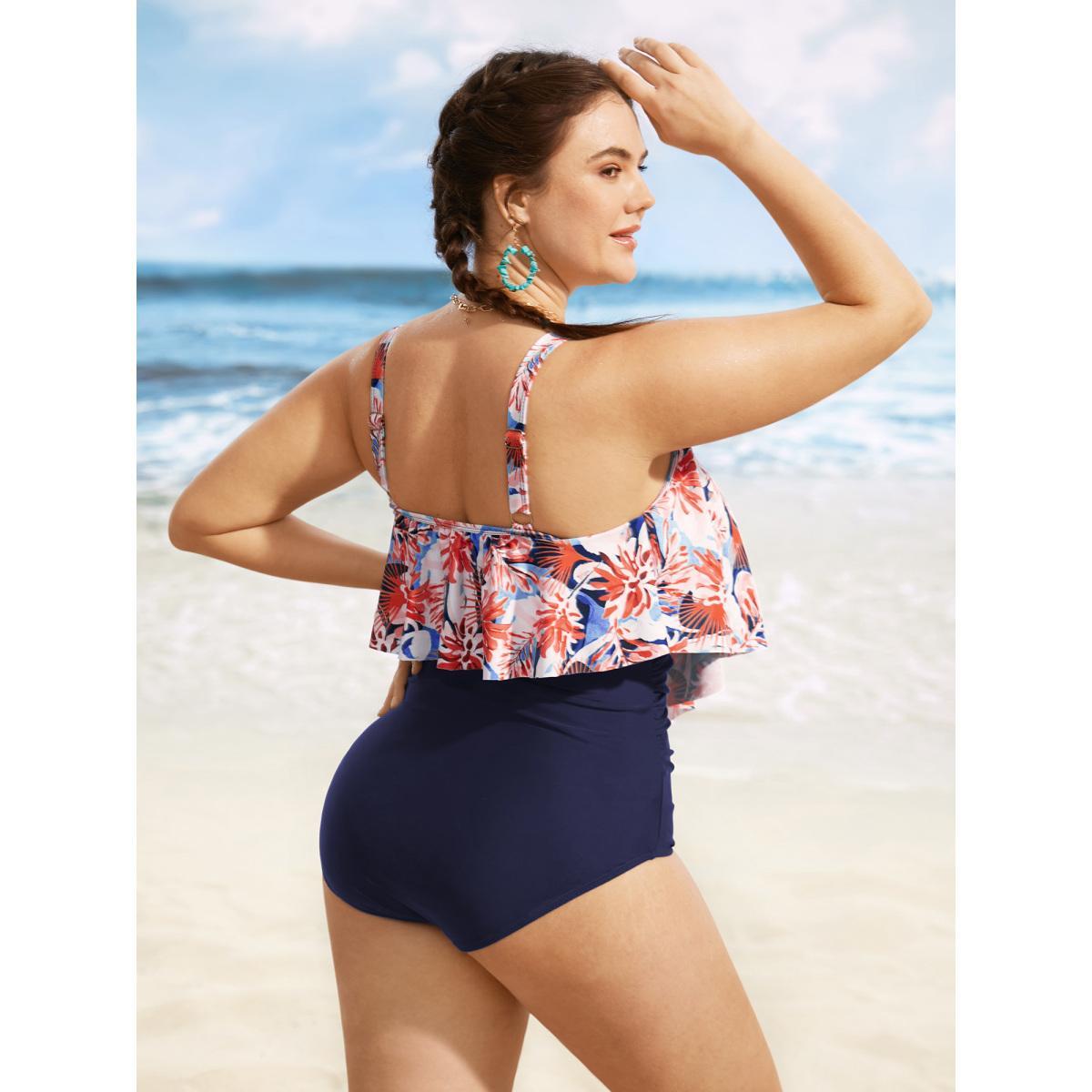 Plus Size Floral Print Tiered Ruffles One Piece Swimsuit Women's Swimwear Indigo Beach Gathered Curve Bathing Suits High stretch One Pieces BloomChic 26/4X Product Image