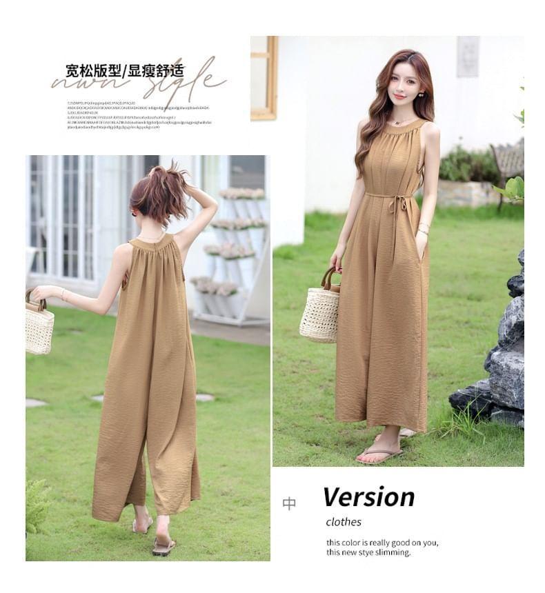 Sleeveless Round Neck Plain Wide Leg Jumpsuit Product Image