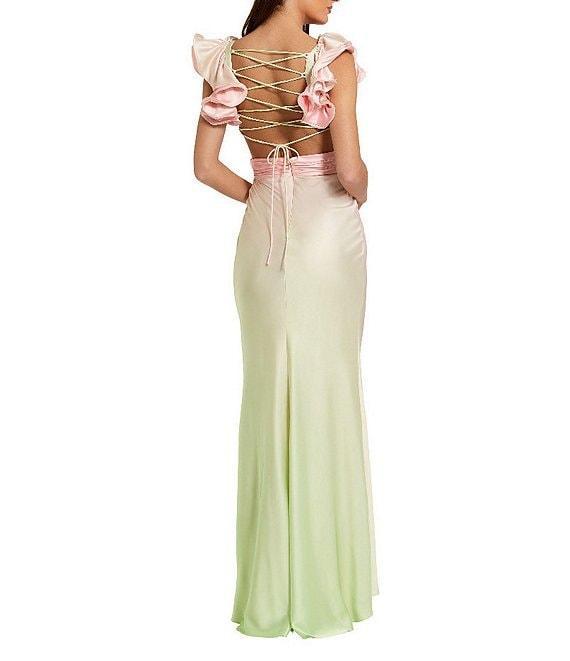 Mac Duggal V-Neck Ruffle Shoulder Side Cut Out Ombre Charmeuse Satin Sheath Gown Product Image